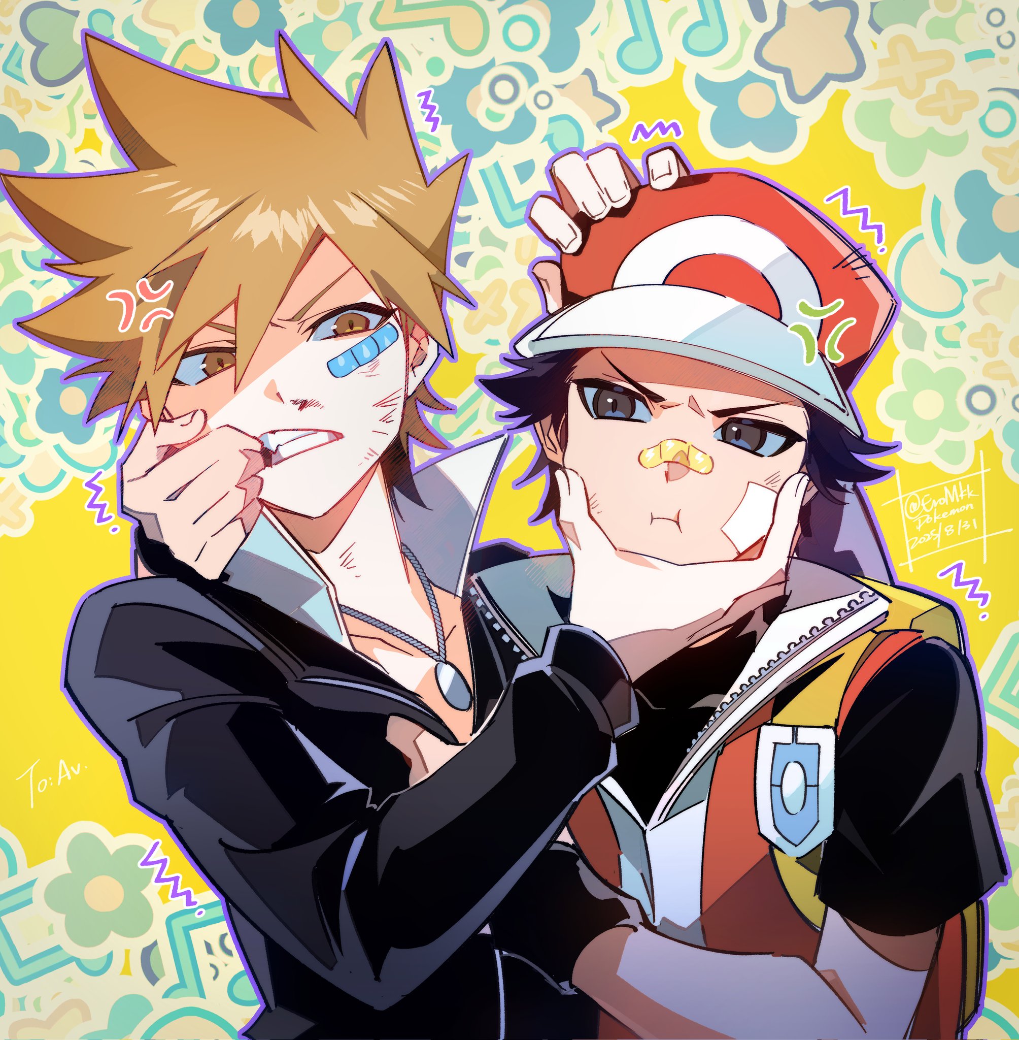eromkk, green (pokemon), red (pokemon), nintendo, pokemon, highres, 2boys, anger vein, backpack, bag, bandaid, bandaid on face, bandaid on nose, baseball cap, black hair, black jacket, black shirt, brown eyes, brown hair, closed mouth, gloves, hat, jacket, jewelry, long sleeves, male focus, multiple boys, necklace, popped collar, shirt, short hair, short sleeves, sleeveless, sleeveless jacket, spiked hair, t-shirt, teeth, upper body, vest, yellow bag