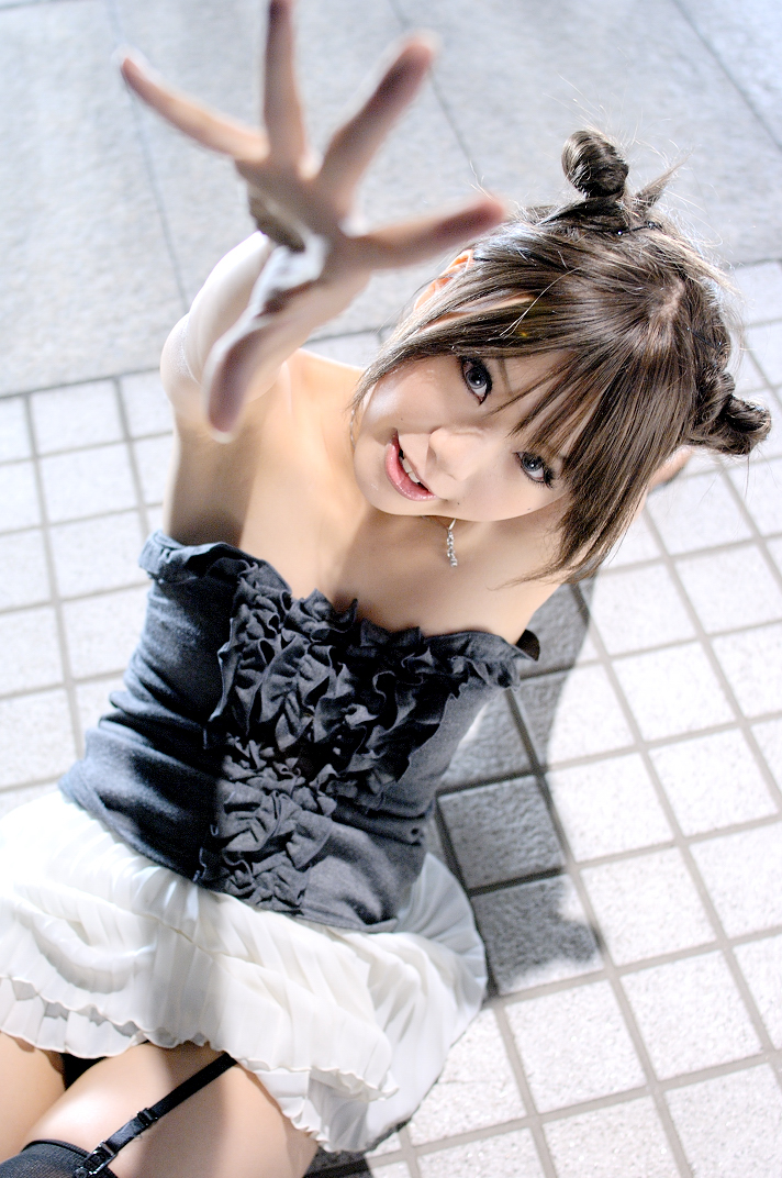 kipi-san, photo (medium), 1girl, asian, bare shoulders, black thighhighs, blue eyes, breasts, brown hair, color contacts, dress, female focus, garter straps, indoors, jewelry, lingerie, looking at viewer, necklace, no bra, on floor, petite, short dress, small breasts, solo, thighhighs, underwear, zettai ryouiki