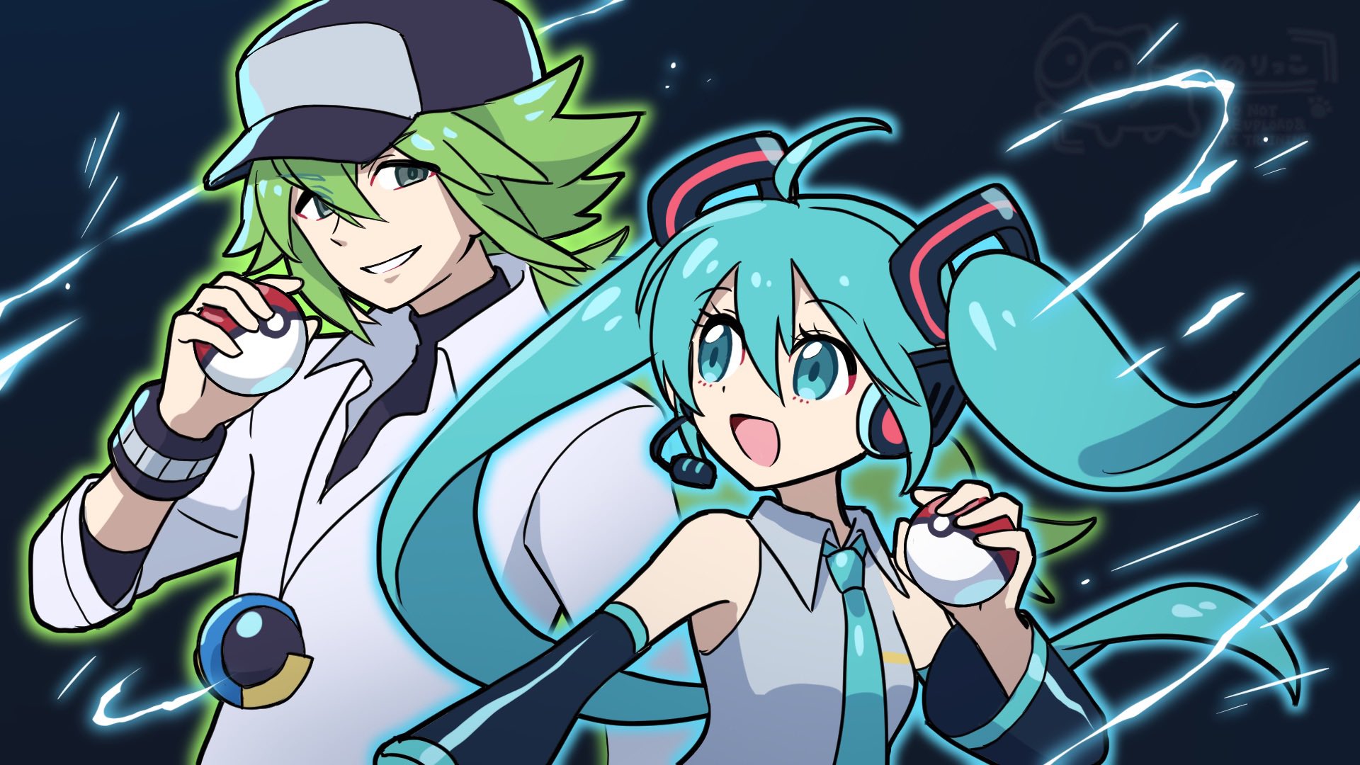 norikkonori, hatsune miku, n (pokemon), nintendo, pokemon, pokemon bw, vocaloid, highres, 1boy, 1girl, :d, ahoge, aqua eyes, aqua hair, baseball cap, collared shirt, detached sleeves, green eyes, green hair, grey shirt, hair between eyes, hat, headphones, holding, holding poke ball, jewelry, long hair, necklace, necktie, open mouth, poke ball, poke ball (basic), shirt, sleeveless, sleeveless shirt, smile, twintails, upper body, white shirt