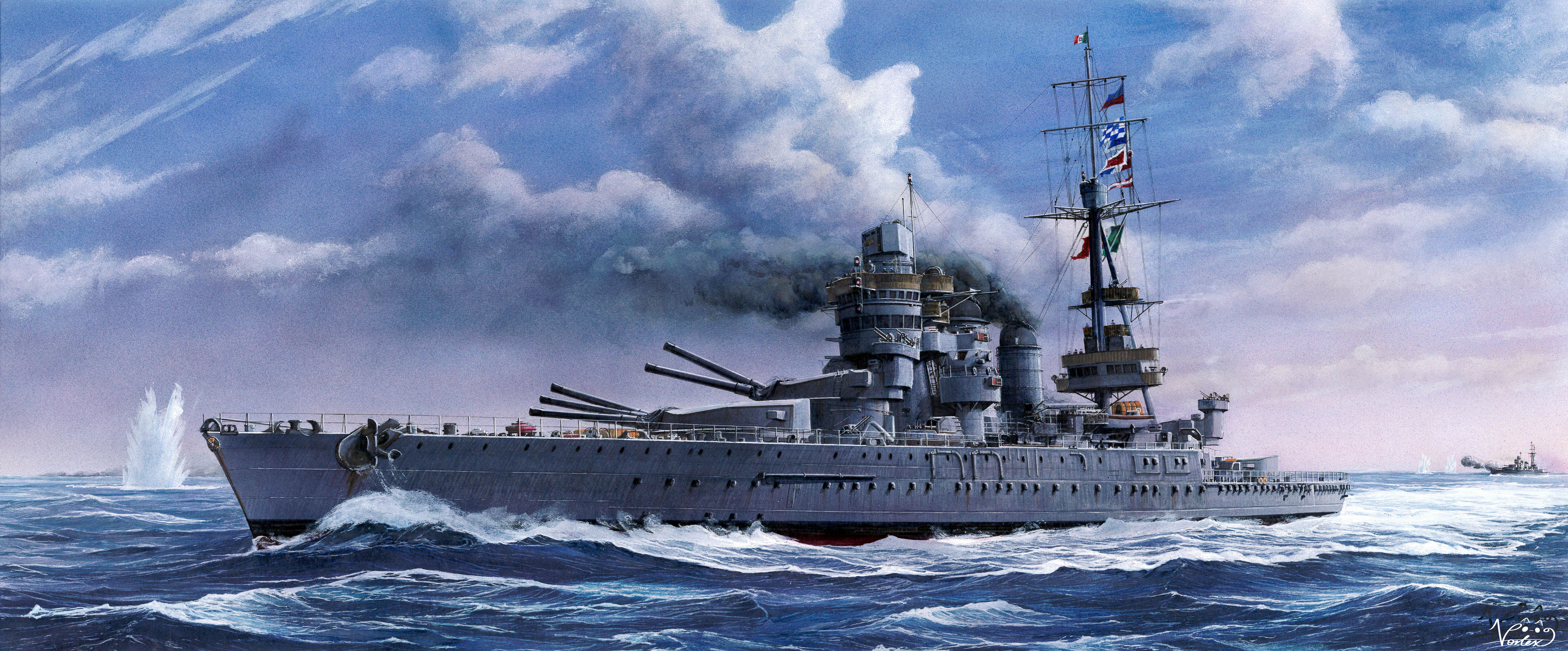 vortex (xu xuanwo), original, absurdres, commentary request, highres, battleship, cannon, cloud, cloudy sky, conte di cavour (battleship), flag, italian flag, italian navy, military vehicle, no humans, ocean, outdoors, sailing, ship, ship turret, signal flag, sky, smoke, smokestack, under fire, vehicle focus, warship, watercraft, waves, world war ii
