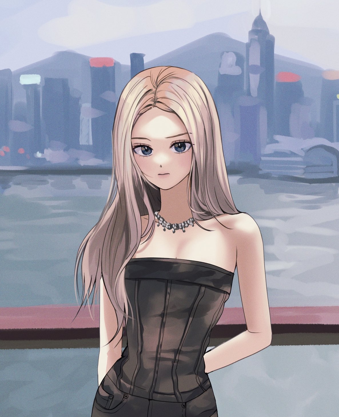 nageutxx, aespa, real life, commentary, hashtag-only commentary, highres, symbol-only commentary, 1girl, arms behind back, bare shoulders, black shirt, blonde hair, blue eyes, closed mouth, jewelry, k-pop, long hair, necklace, outdoors, shirt, solo, winter (aespa)
