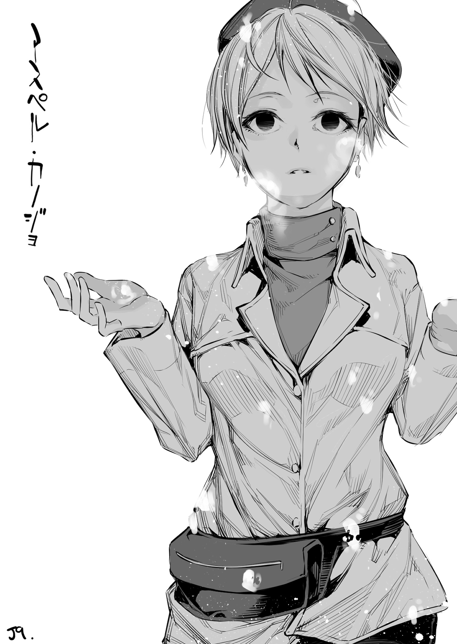 jake (jsck), saitou megumi, asper kanojo, commentary request, highres, translation request, 1girl, coat, earrings, fanny pack, greyscale, hat, jewelry, monochrome, short hair, snow, solo, winter clothes