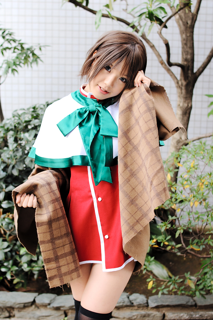 kipi-san, misaka shiori, kanon, photo (medium), 1girl, asian, black thighhighs, blue eyes, brown hair, color contacts, cosplay, female focus, looking at viewer, misaka shiori (cosplay), short hair, solo, thighhighs, tree, zettai ryouiki