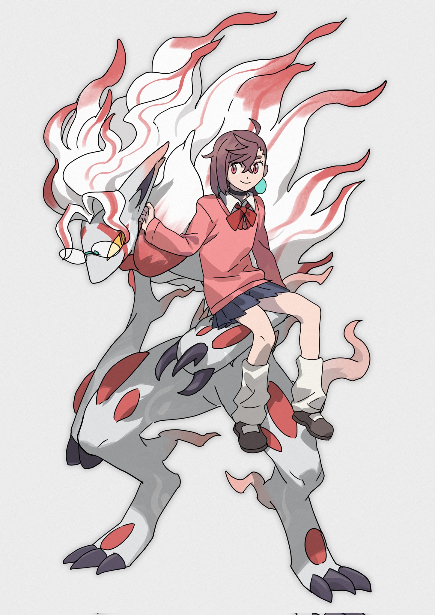 kai (huikuai2), ayase momo, hisuian zoroark, takakura ken (dandadan), takakura ken (transformed) (dandadan), dandadan, nintendo, pokemon, commentary, english commentary, highres, 1boy, 1girl, animalization, black choker, blue skirt, bow, bowtie, brown eyes, brown hair, choker, closed mouth, collared shirt, crossed bangs, crossover, earrings, facial mark, full body, glasses, grey background, hair between eyes, jewelry, kami high school uniform, long hair, loose socks, miniskirt, pink sweater, pleated skirt, pokemon (creature), red bow, red bowtie, round eyewear, school uniform, shirt, short hair, sitting, skirt, smile, socks, sweater, white shirt, white socks