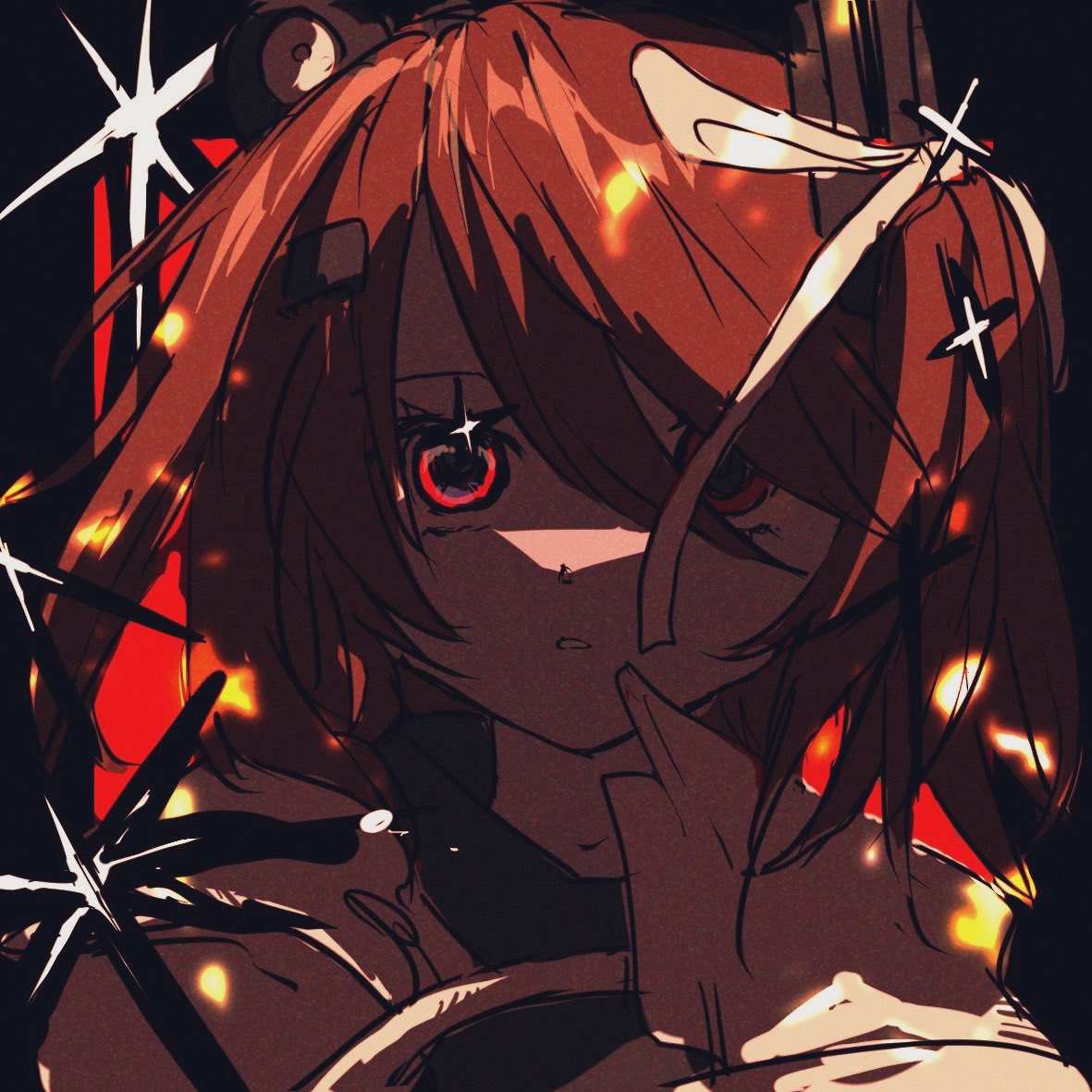 l mipa, adachi rei, utau, 1girl, black background, black shirt, diffraction spikes, expressionless, floating hair, gloves, hair ornament, hair ribbon, hairclip, headlamp, index finger raised, jacket, long sleeves, looking at viewer, medium hair, one side up, open clothes, open jacket, orange eyes, orange hair, parted lips, portrait, radio antenna, ribbon, shirt, solo, sparkle, turtleneck, upper body, white gloves, white jacket, white ribbon