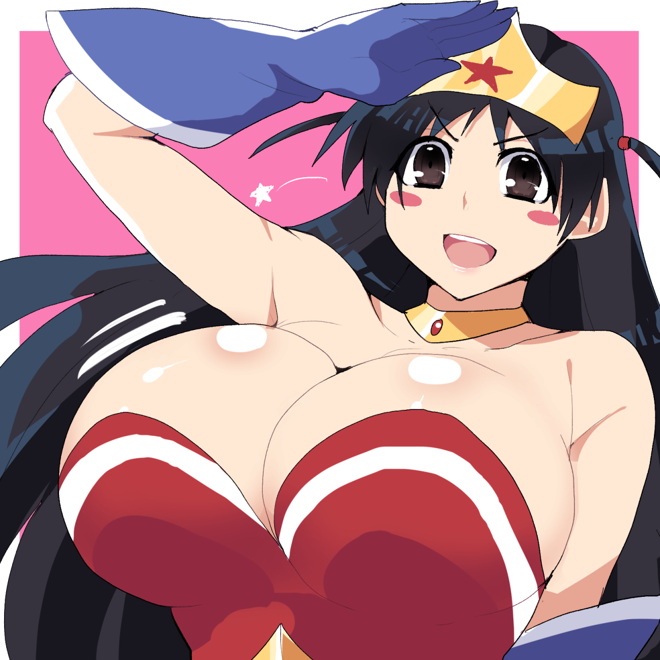 rice grg, tsukamoto tenma, wonder woman, dc comics, school rumble, wonder woman (series), bad link, highres, 1girl, alternate breast size (larger), black hair, blue gloves, blush stickers, breasts, brown eyes, cosplay, crown, gloves, huge breasts, jewelry, long hair, looking at viewer, neck ring, pink background, salute, upper body, wonder woman (cosplay)