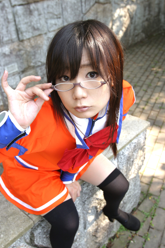 chocoball, fujisawa yayoi, uchuu no stellvia, photo (medium), 1girl, asian, cosplay, female focus, glasses, looking over eyewear, school uniform, serafuku, solo, thighhighs