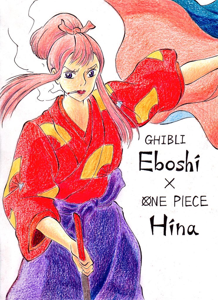 eboshi, hina (one piece), mononoke hime, one piece, colored pencil (medium), commentary request, traditional media, 1girl, character name, cigarette, copyright name, fan print, hakama, holding, holding weapon, japanese clothes, k fcp ramune, kimono, long sidelocks, pink hair, ponytail, purple eyes, red kimono, sidelocks, smile, smoke, solo, topknot, v-shaped eyebrows, weapon, white background, wide sleeves