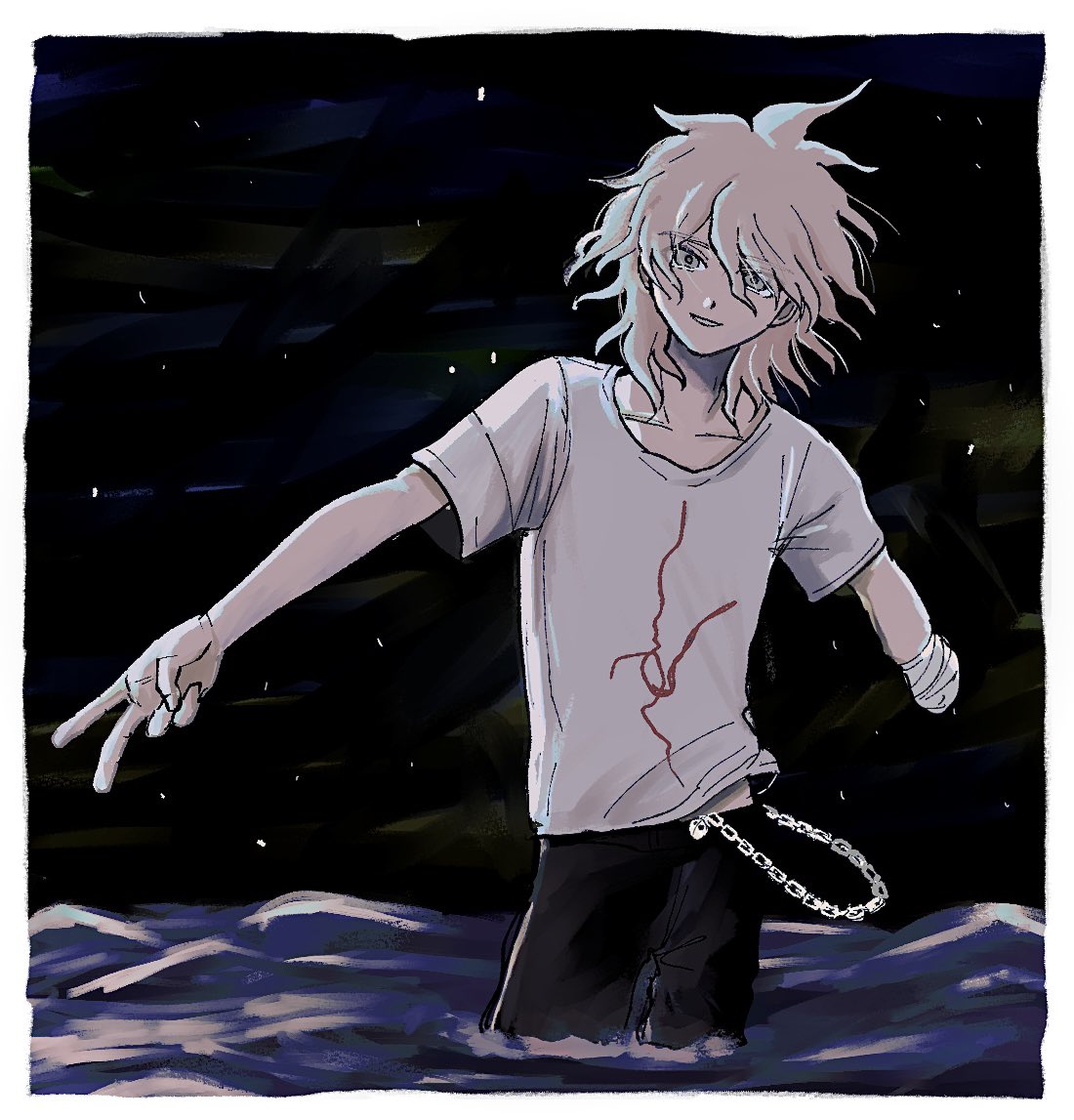 suginami (sg4nm), komaeda nagito, danganronpa (series), danganronpa 2: goodbye despair, 1boy, amputee, bandaged arm, bandages, black pants, border, chain, collarbone, cowboy shot, grey hair, hair between eyes, male focus, medium hair, messy hair, night, no jacket, outdoors, pants, print shirt, shirt, short sleeves, smile, solo, v, wading, water, white border, white shirt