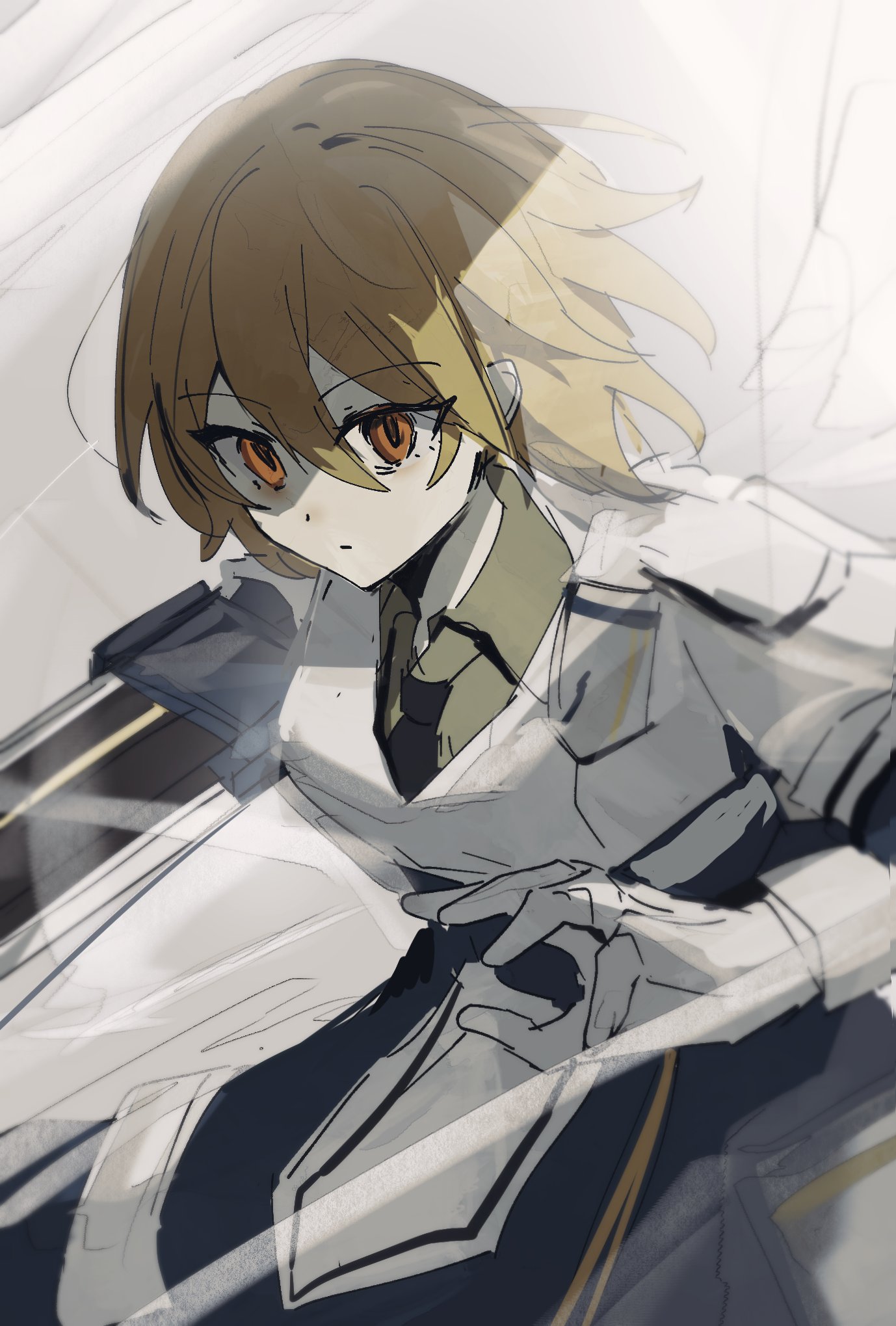 sixgod, don quixote (project moon), limbus company, project moon, highres, 1girl, armor, black necktie, blonde hair, collared shirt, gauntlets, greatsword, grey background, grey shirt, holding, holding sword, holding weapon, looking at viewer, necktie, orange eyes, shirt, short hair, simple background, solo, standing, sword, upper body, weapon, zwei association west uniform