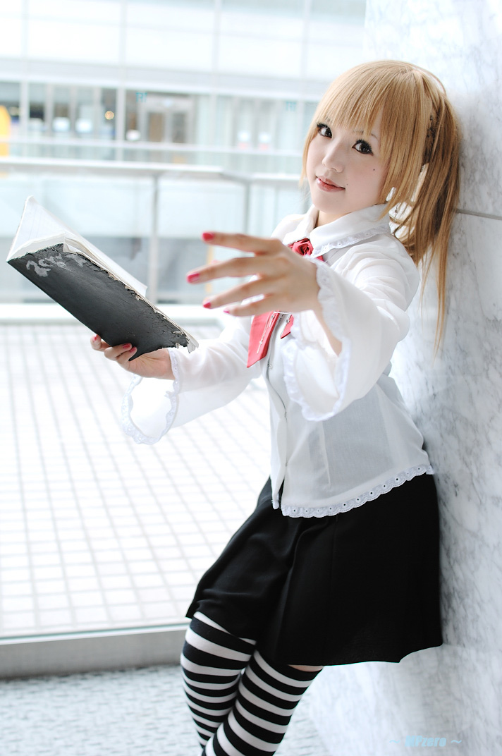 kipi-san, amane misa, death note, real life, cosplay photo, photo (medium), 1girl, amane misa (cosplay), asian, blonde hair, book, breasts, cosplay, death note (object), female focus, long hair, looking at viewer, nail polish, necktie, small breasts, solo, striped clothes, striped thighhighs, thighhighs