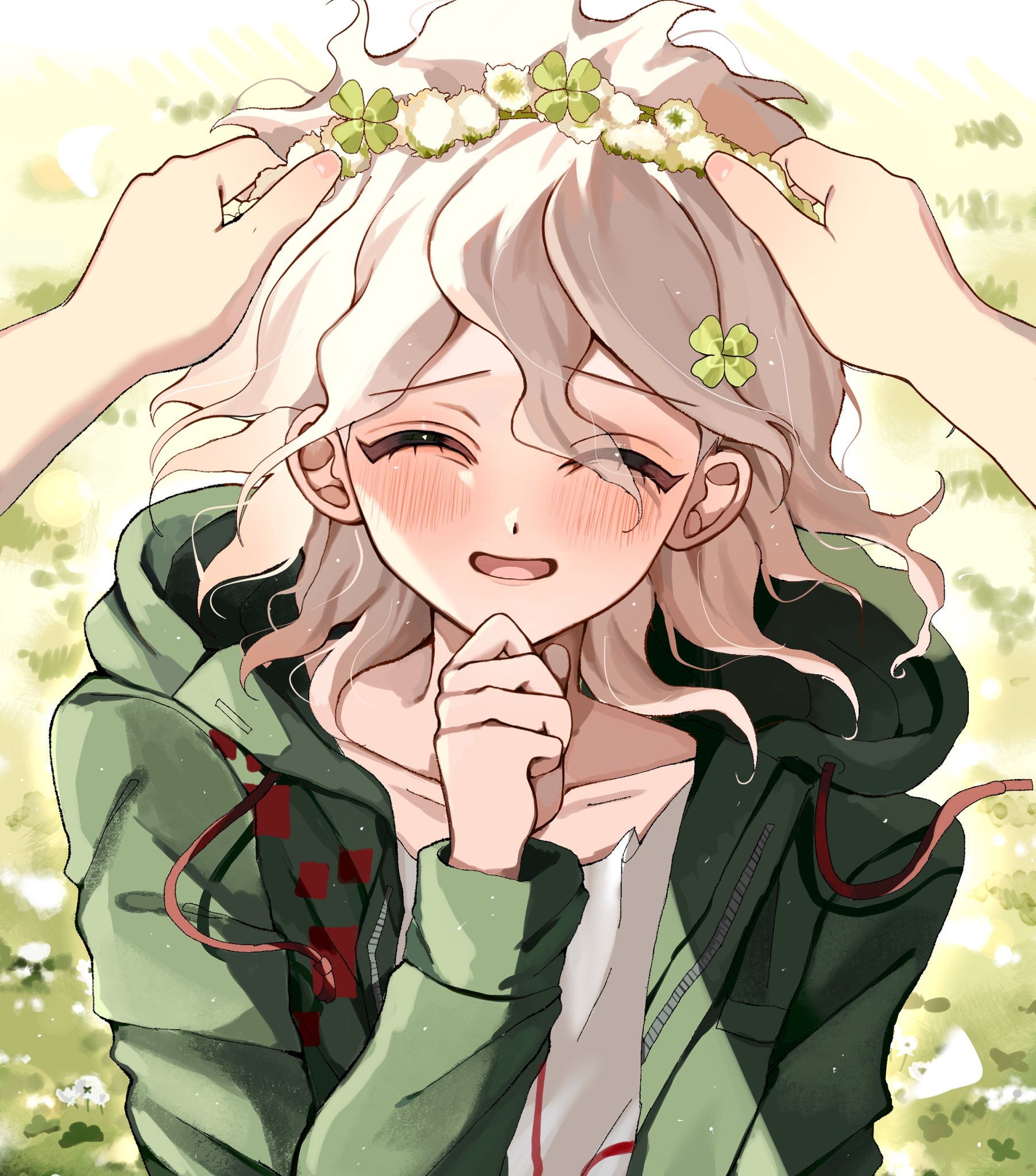 sobacha, komaeda nagito, danganronpa (series), danganronpa 2: goodbye despair, highres, 1boy, :d, blush, closed eyes, clover, collarbone, facing viewer, four-leaf clover, green jacket, grey hair, hair between eyes, hand up, head wreath, hood, hood down, hooded jacket, jacket, long sleeves, male focus, medium hair, messy hair, open clothes, open jacket, open mouth, pov, print shirt, shirt, smile, solo focus, upper body, white shirt