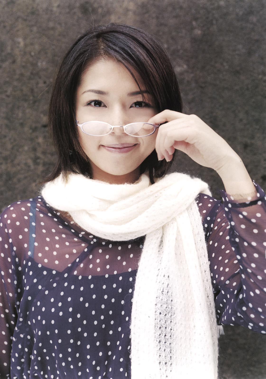 highres, photo (medium), tagme, 1girl, female focus, glasses, knitted scarf, polka dot, polka dot shirt, scarf, shirt, solo