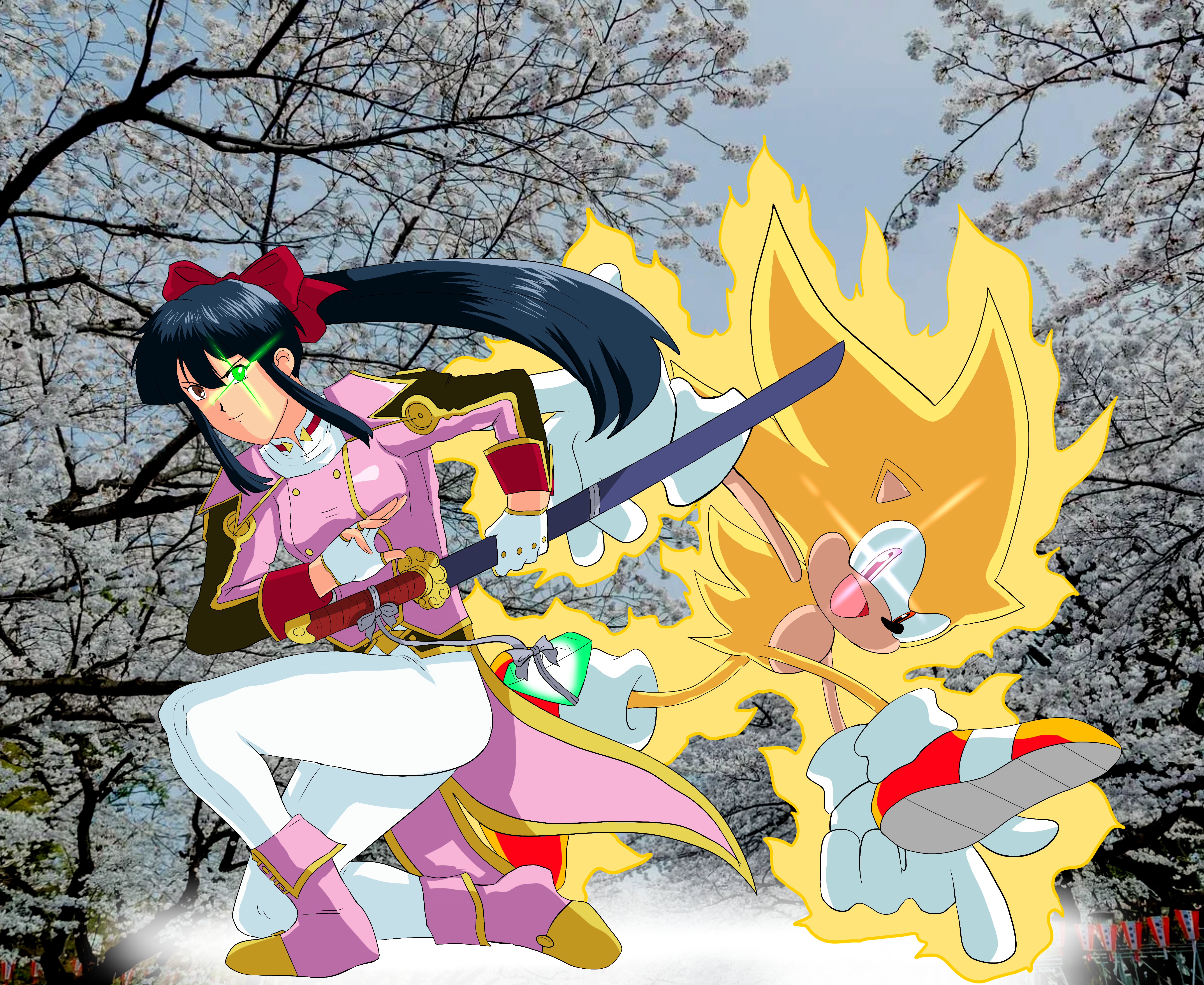 shinzankuro, shinguuji sakura, sonic the hedgehog, super sonic, sakura taisen, sega, highres, 1boy, 1girl, aura, blue hair, boots, bow, breasts, brown eyes, chaos emerald, feet, fighting stance, fingerless gloves, gloves, glowing, glowing eye, hair ribbon, kneeling, legs, long hair, looking at viewer, medium breasts, military uniform, open mouth, ponytail, red bow, red eyes, ribbon, smile, sword, thighs, weapon