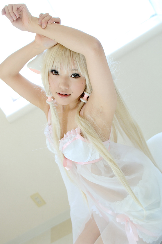 kipi-san, chii, chobits, photo (medium), 1girl, asian, babydoll, blonde hair, bloomers, bra, chii (cosplay), cosplay, female focus, indoors, lingerie, long hair, looking at viewer, pantyhose, persocom, solo, underwear