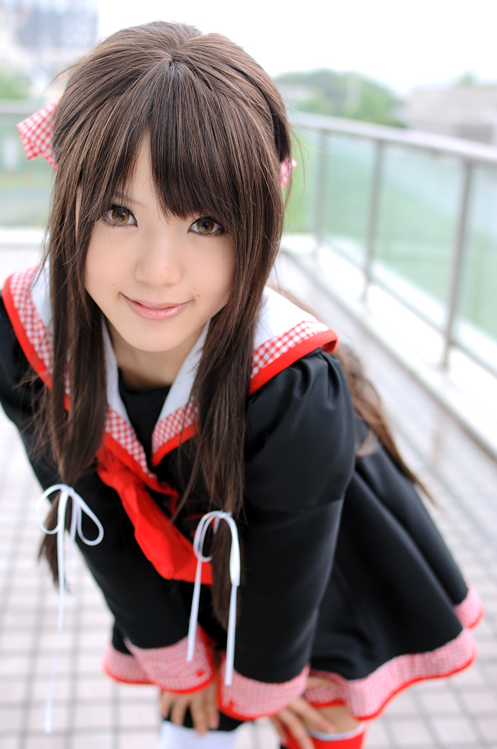 kipi-san, masuda shizuka, final approach, photo (medium), 1girl, asian, breasts, brown eyes, brown hair, color contacts, cosplay, female focus, leaning forward, long hair, looking at viewer, masuda shizuka (cosplay), mole, outdoors, sailor collar, small breasts, solo, thighhighs, zettai ryouiki