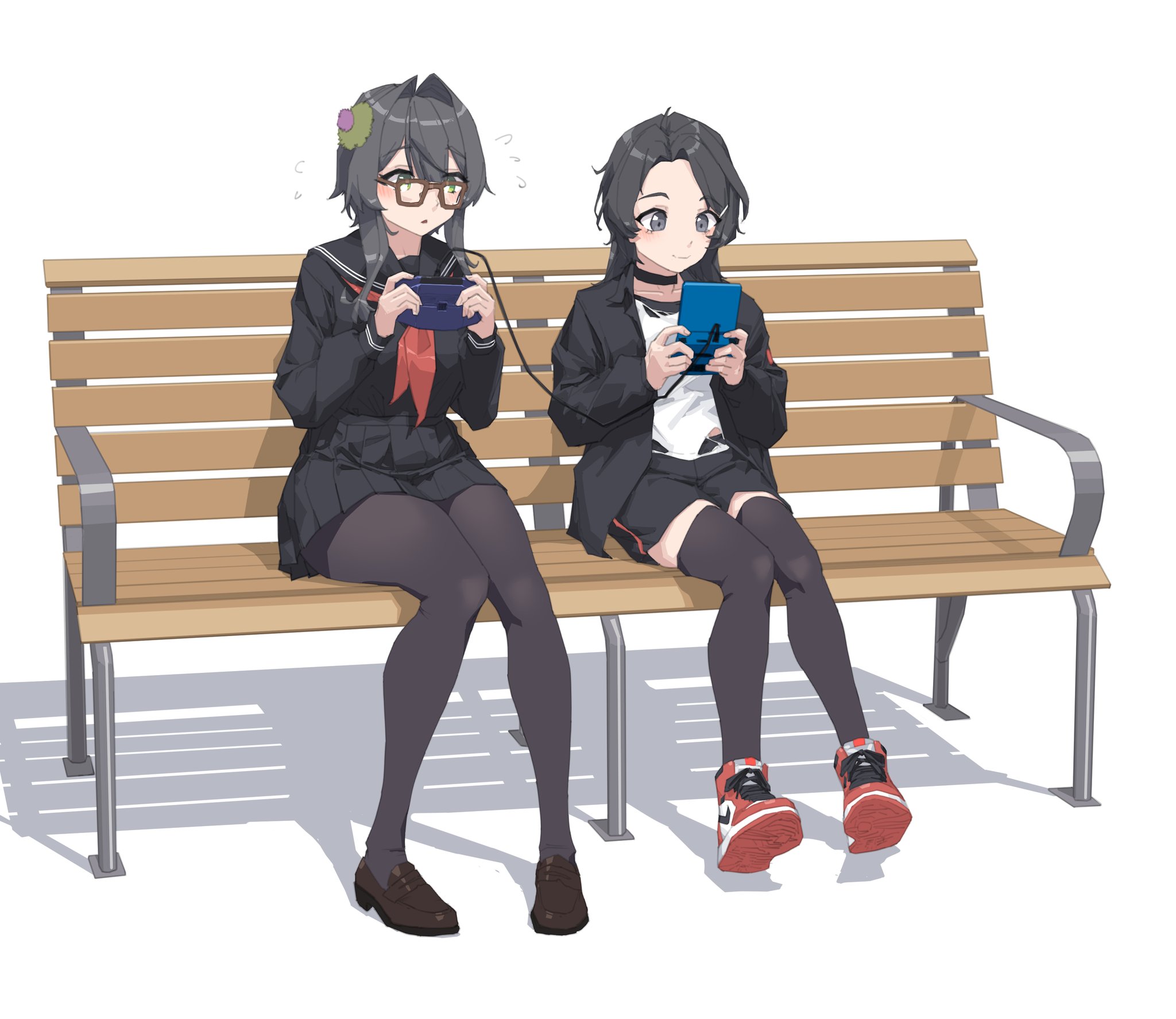 stank, original, highres, 2girls, ascot, bench, black choker, black hair, black jacket, black pantyhose, black shirt, black shorts, black skirt, black thighhighs, blush, brown shoes, choker, closed mouth, game boy advance, game boy advance sp, game link cable, glasses, green eyes, grey eyes, hair ornament, handheld game console, jacket, long hair, multiple girls, on bench, open mouth, pantyhose, park bench, playing games, pleated skirt, red ascot, red shoes, school uniform, shirt, shoelaces, shoes, shorts, sidelocks, simple background, skirt, sneakers, thighhighs, white shirt, zettai ryouiki