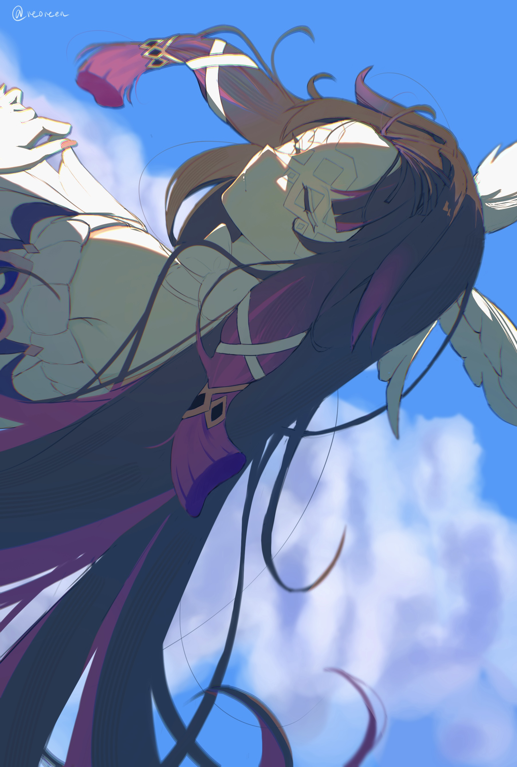 hiroishii, columbina (genshin impact), genshin impact, absurdres, commentary, highres, 1girl, bare shoulders, black hair, blue sky, closed eyes, cloud, day, dress, hair ornament, multicolored hair, off-shoulder dress, off shoulder, purple hair, sky, solo, two-tone hair, upper body, wing hair ornament