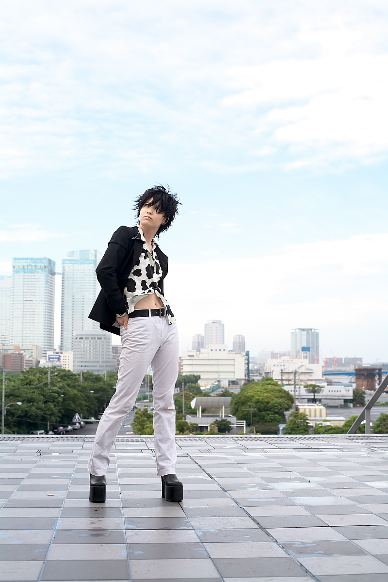 platform footwear, highres, photo (medium), tagme, cow print, pants, short hair