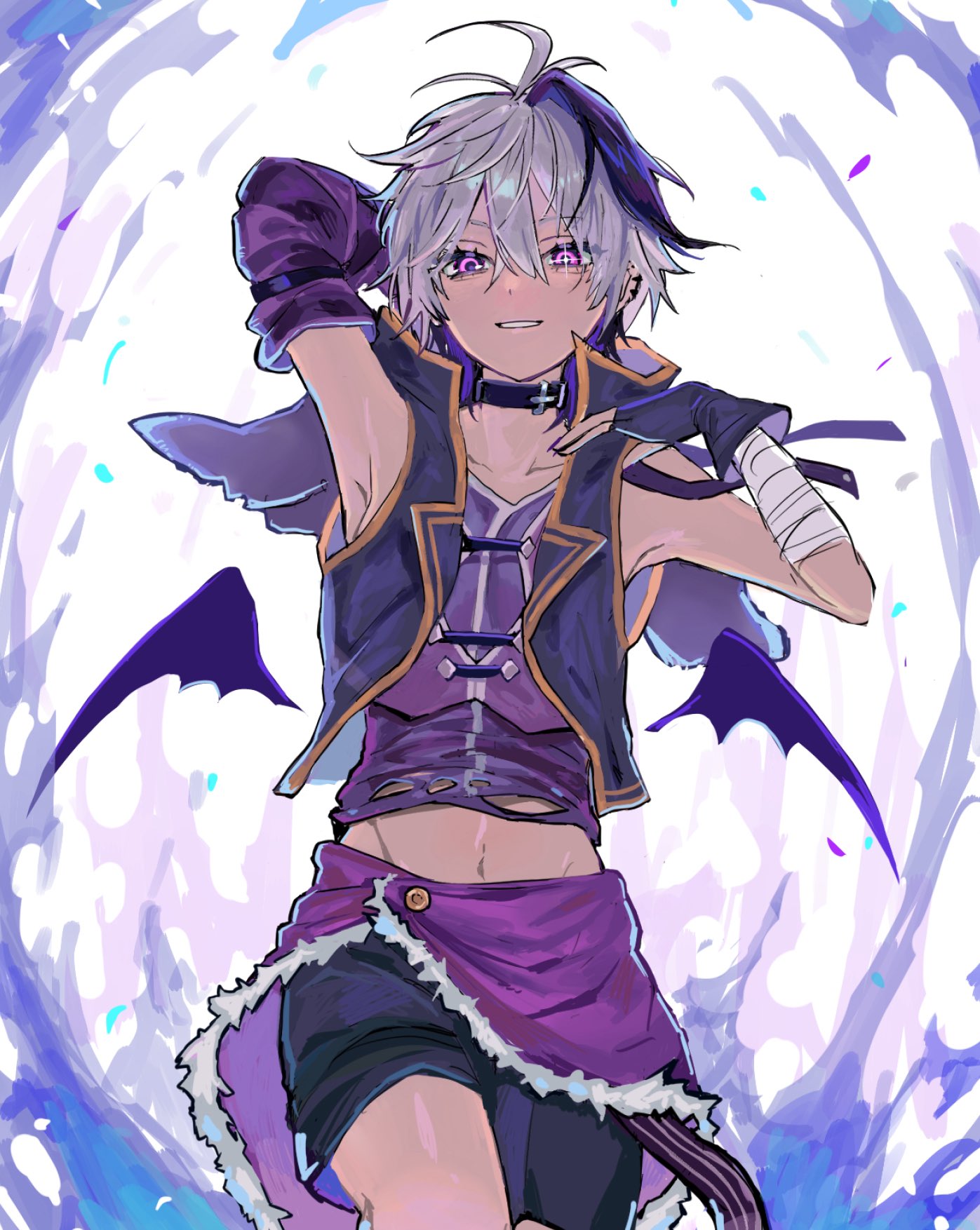 iwashi (wawaisi iwasi), flower (vocaloid), flower (vocaloid4), vocaloid, highres, 1girl, androgynous, arm behind head, arm warmers, armpits, bandaged arm, bandages, bare shoulders, belt collar, bike shorts, black shorts, collar, collarbone, cowboy shot, detached sleeves, fingerless gloves, fur-trimmed skirt, fur trim, gloves, jacket, looking at viewer, midriff, multicolored hair, navel, parted lips, purple eyes, purple gloves, purple hair, purple jacket, purple shirt, purple shorts, purple vest, shirt, short hair, shorts, skirt, sleeveless, sleeveless jacket, sleeveless shirt, smile, streaked hair, torn clothes, torn shirt, vest, white hair, wings
