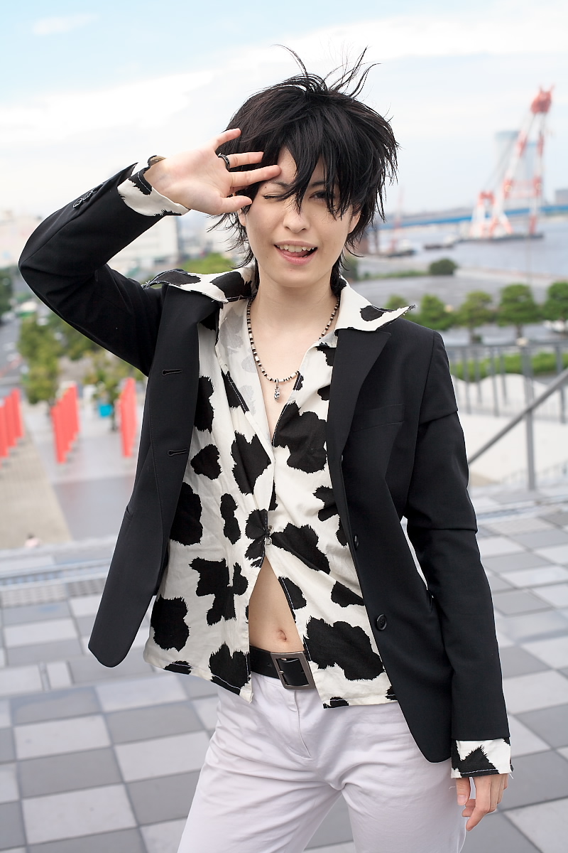platform footwear, highres, photo (medium), cow print, midriff, pants, short hair