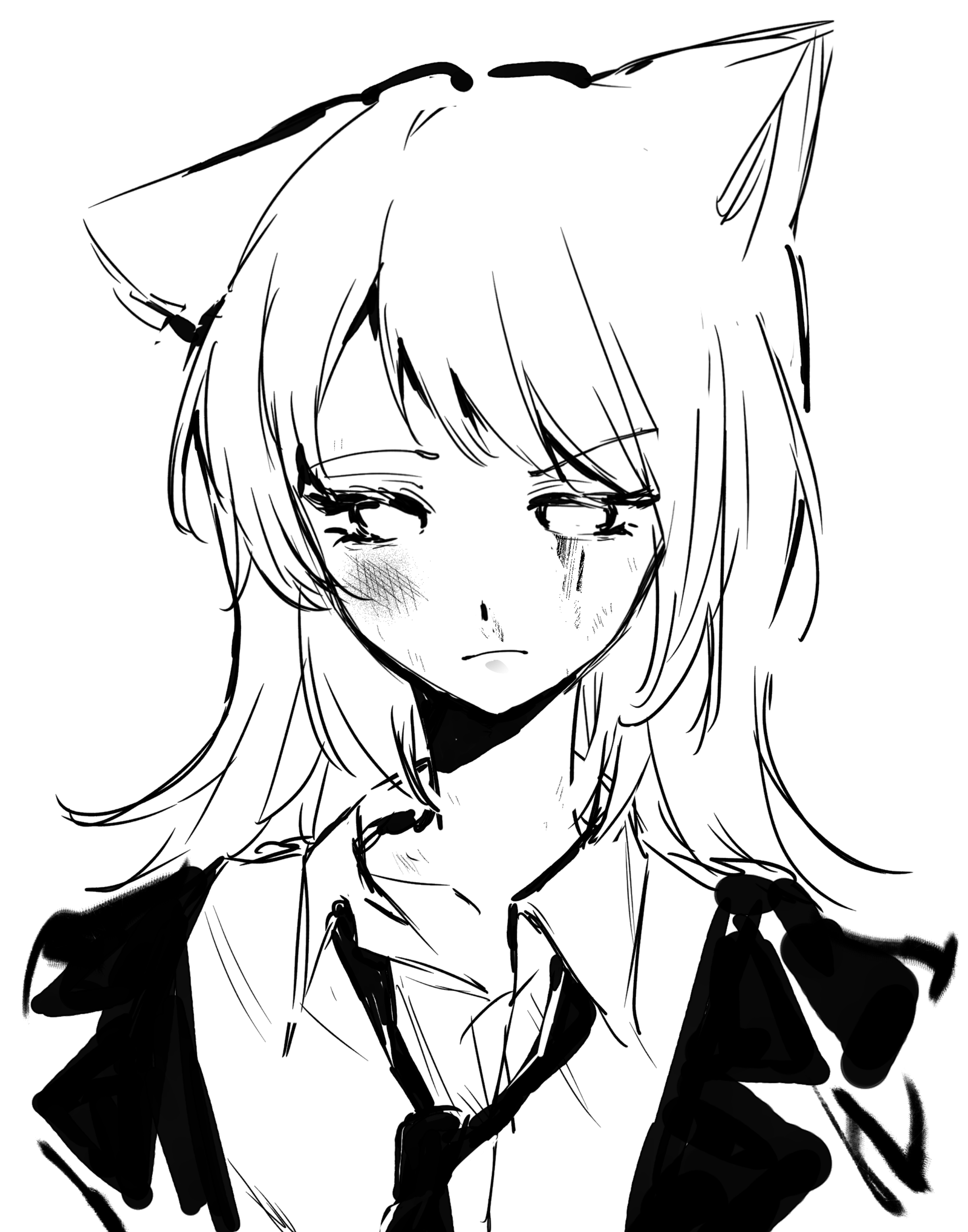 yahata umiri, bang dream!, bang dream! it's mygo!!!!!, absurdres, highres, 1girl, animal ears, blood, blood on face, bruise, cat ears, closed mouth, collared shirt, geosmichi77, greyscale, injury, long hair, monochrome, necktie, shirt, solo