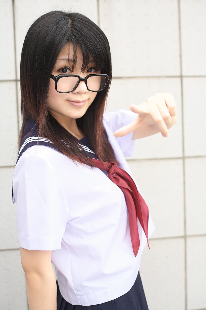 character request, highres, photo (medium), source request, cosplay, glasses, momoneko haru, school uniform, serafuku