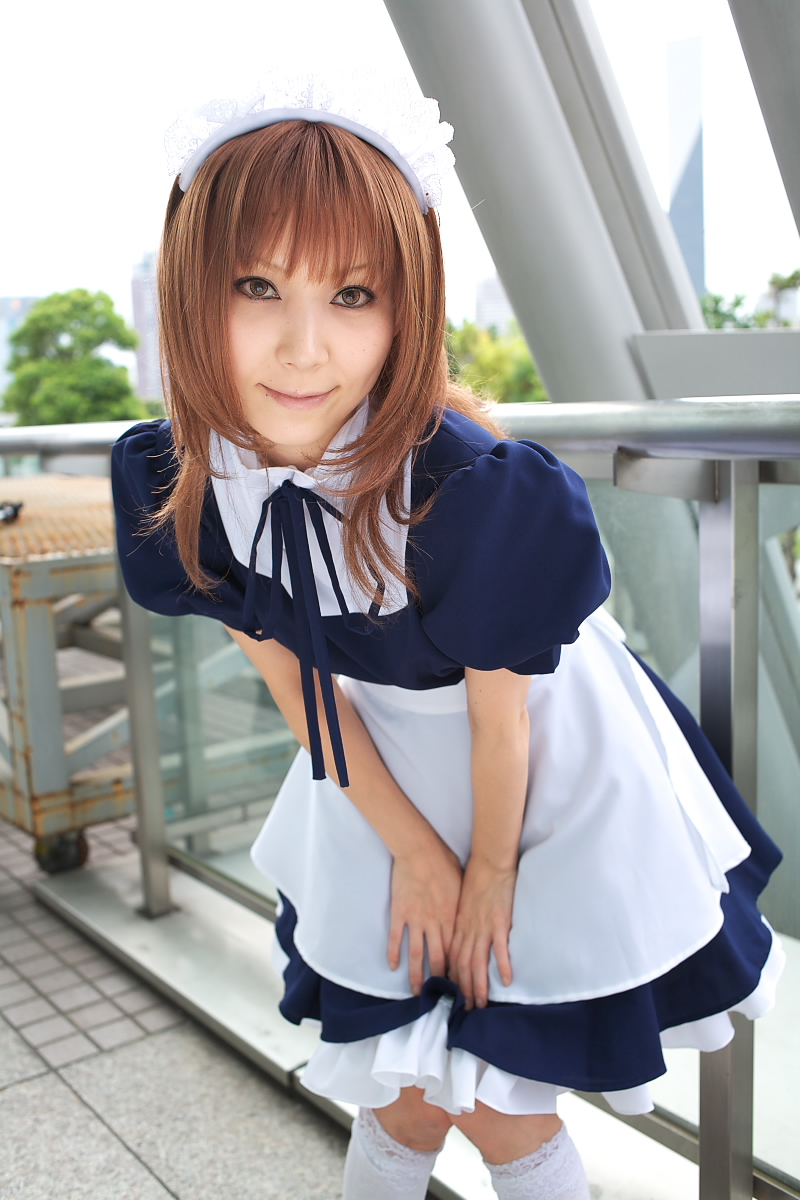 highres, photo (medium), apron, cosplay, kneehighs, maid, maid apron, socks