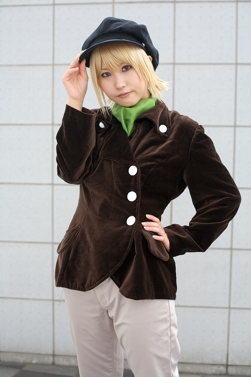 character request, highres, model request, photo (medium), source request, blonde hair, cosplay, man hat, short hair