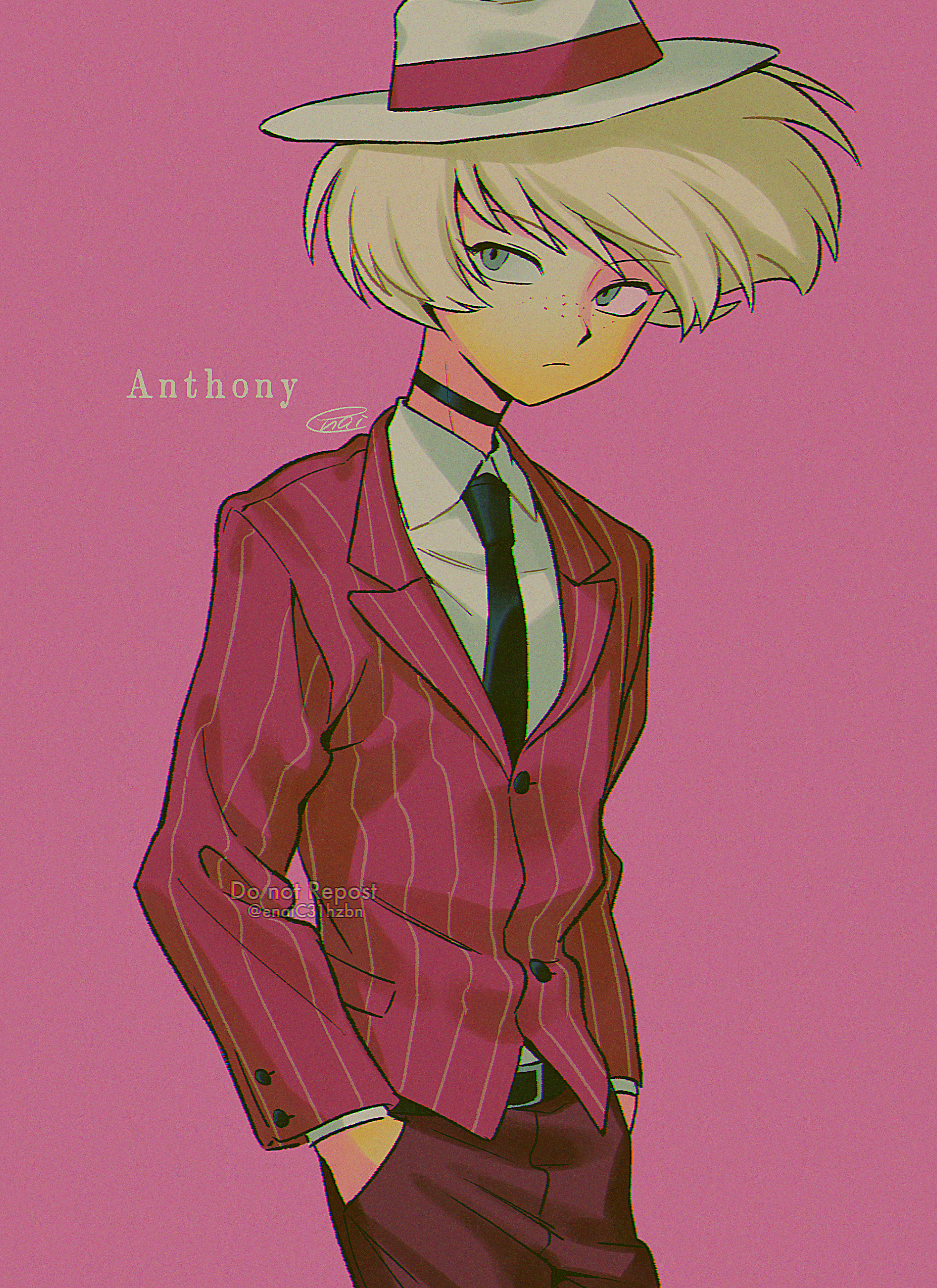 menma (enaic31), angel dust, hazbin hotel, hellaverse, absurdres, commentary request, highres, 1boy, belt, black belt, black choker, black necktie, character name, choker, chromatic aberration, closed mouth, collared shirt, cowboy shot, expressionless, fedora, film grain, freckles, frown, grey eyes, hands in pockets, hat, humanization, jacket, layered sleeves, long sleeves, looking at viewer, male focus, necktie, pants, pink background, pink jacket, pink pants, pinstripe jacket, pinstripe pattern, shirt, short hair, signature, simple background, solo, standing, swept bangs, twitter username, upturned eyes, watermark, white hair, white hat, white shirt