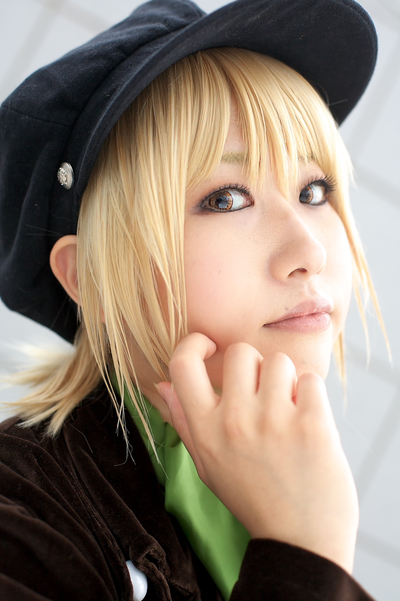 character request, highres, model request, photo (medium), source request, blonde hair, cosplay, man hat, short hair