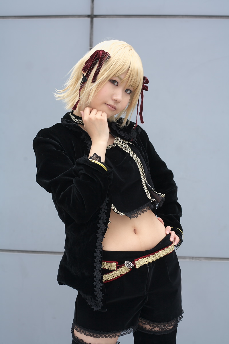 highres, photo (medium), blonde hair, cosplay, hair ribbon, midriff, ribbon, thighhighs