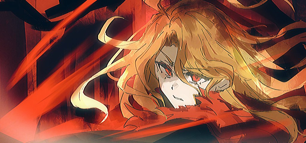 sixgod, don quixote (project moon), sancho (project moon), limbus company, project moon, 1girl, black background, black coat, blonde hair, closed mouth, coat, feather boa, la manchaland (identity) (project moon), long hair, looking at viewer, parted bangs, red eyes, simple background, solo, upper body