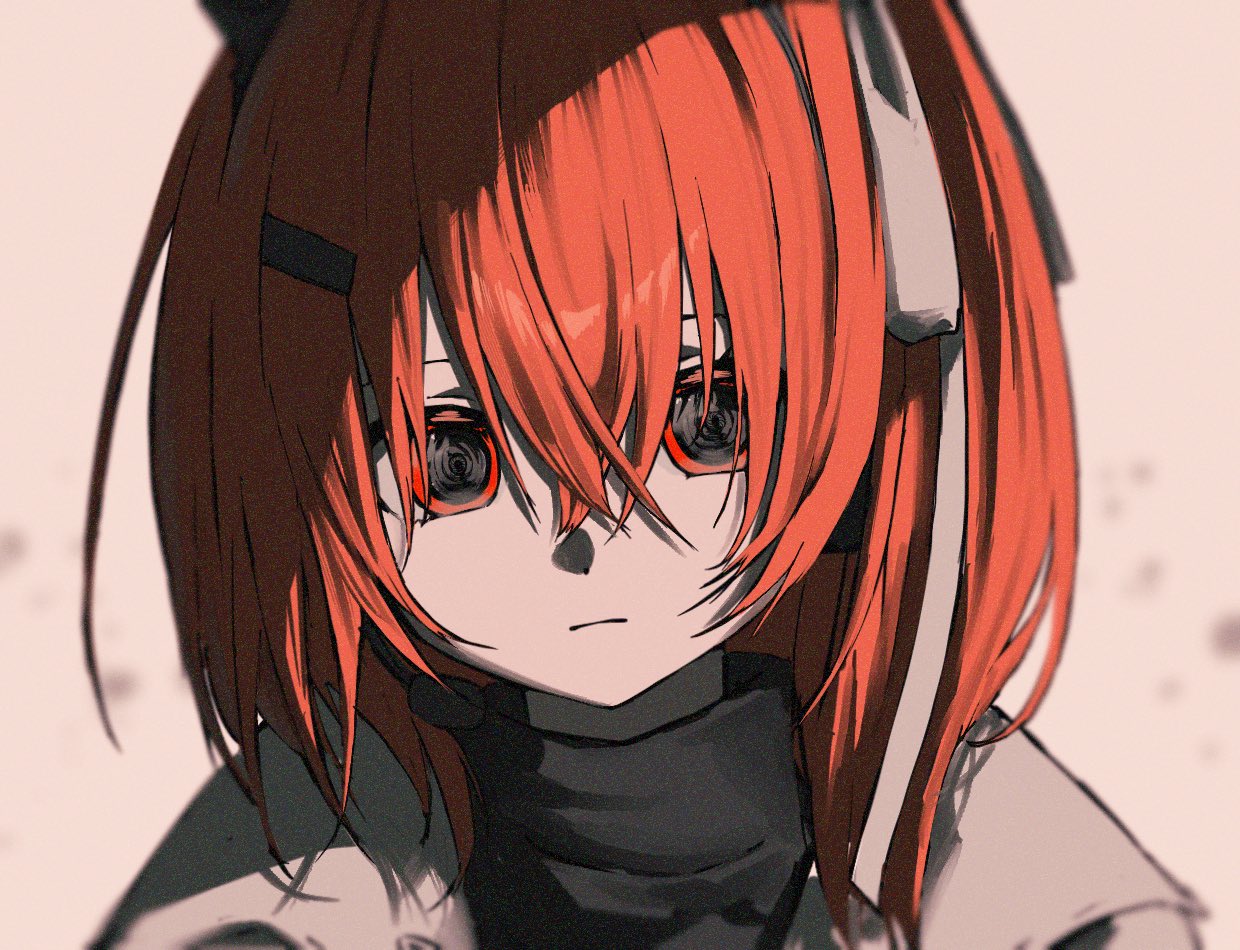 l mipa, adachi rei, utau, 1girl, artificial eye, black shirt, blurry, closed mouth, crossed bangs, empty eyes, expressionless, hair between eyes, hair ornament, hair ribbon, hairclip, head tilt, headlamp, headset, jacket, looking at viewer, mechanical eye, medium hair, microphone, one side up, open clothes, open jacket, orange eyes, orange hair, portrait, radio antenna, ribbon, ringed eyes, shirt, simple background, solo, turtleneck, white jacket, white ribbon