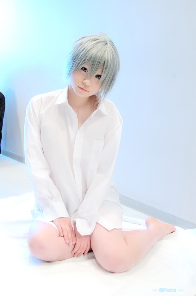 touta miya, akira (togainu no chi), togainu no chi, silver hair, photo (medium), 1girl, asian, barefoot, bottomless, collared shirt, cosplay, dress shirt, female focus, japanese (nationality), looking at viewer, shirt, sitting, solo, white shirt, yokozuwari