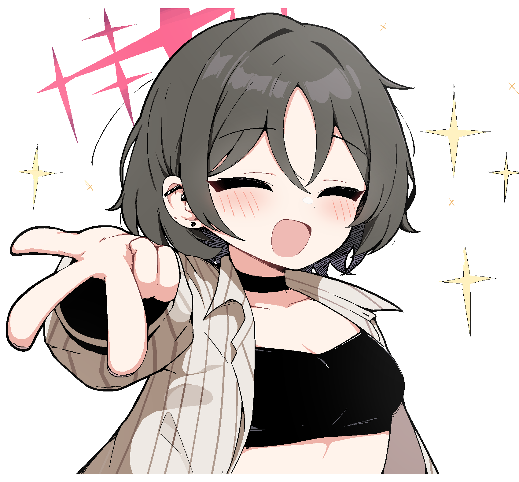 tagyeokgam, misaki (blue archive), misaki (swimsuit) (blue archive), blue archive, highres, 1girl, bikini, black bikini, black choker, black hair, choker, closed eyes, ear piercing, grey shirt, gyaru w, halo, long sleeves, open clothes, open mouth, open shirt, outstretched arm, piercing, red halo, shirt, short hair, simple background, smile, solo, sparkle, swimsuit, upper body, w, white background