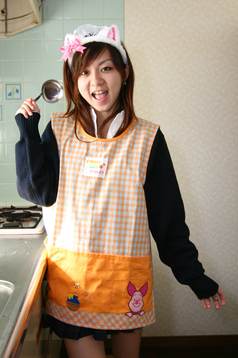 highres, photo (medium), apron, cardigan, cosplay, kemonomimi mode, ladle, pig, school uniform, serafuku