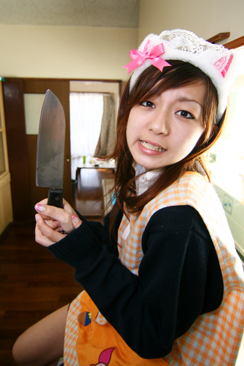 highres, photo (medium), apron, cosplay, kemonomimi mode, knife, loose socks, pig, school uniform, serafuku, socks, sweater