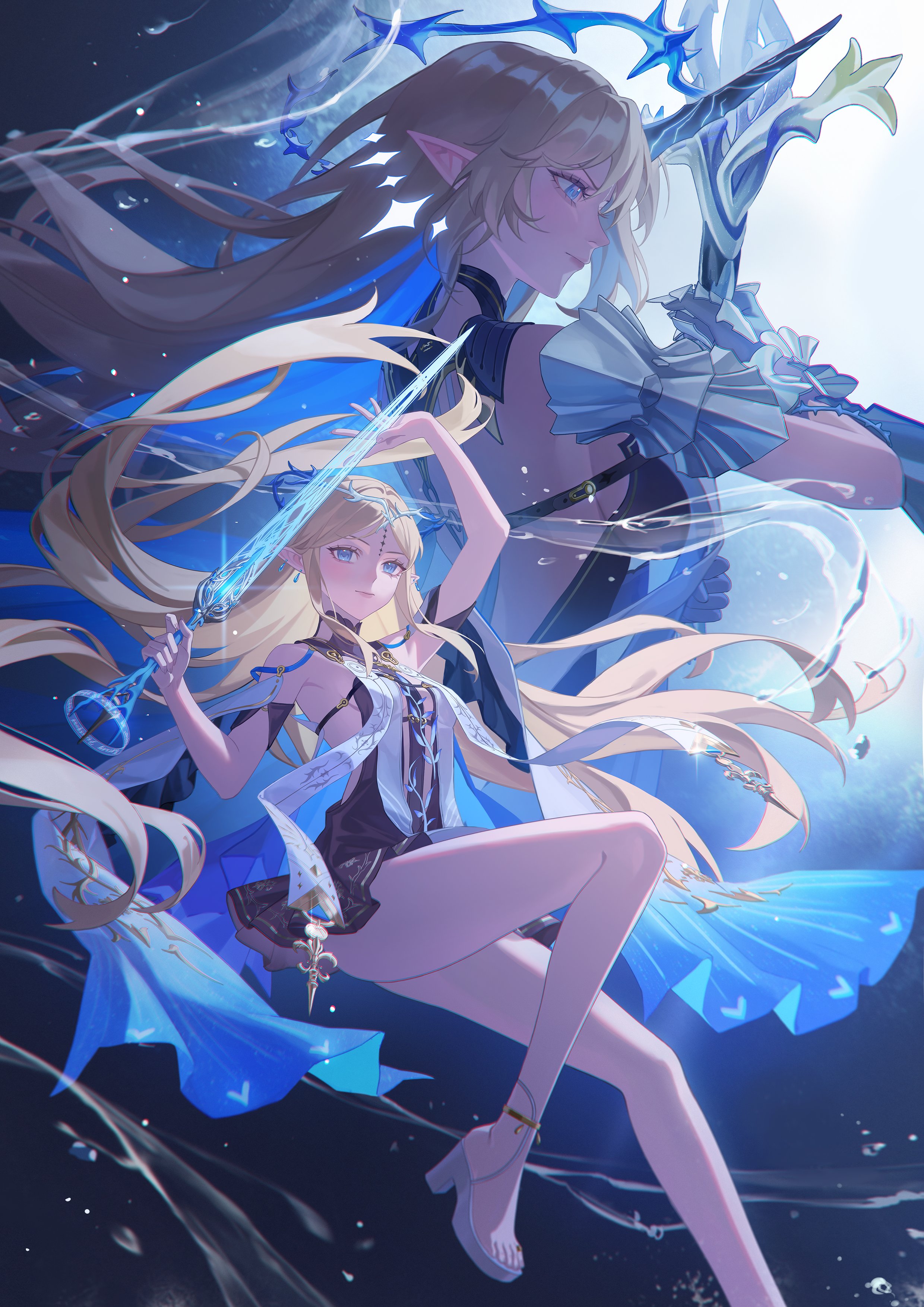xiisalt, cartethyia (wuthering waves), fleurdelys (wuthering waves), wuthering waves, absurdres, commentary, english commentary, highres, making-of available, revision, 2girls, armored gloves, arms up, bare legs, bare shoulders, black collar, black dress, black horns, blonde hair, blue eyes, blue hair, breasts, chromatic aberration, closed mouth, collar, colored inner hair, crown of thorns, dress, dual persona, earrings, floating earrings, foot out of frame, high heels, holding, holding sword, holding weapon, horns, jewelry, large breasts, legs, long hair, looking at viewer, multicolored hair, multiple earrings, multiple girls, parted bangs, pointy ears, sandals, shoes, sidelocks, single horn, small breasts, sword, tabard, tacet mark (wuthering waves), thighs, very long hair, weapon, white shoes, white tabard