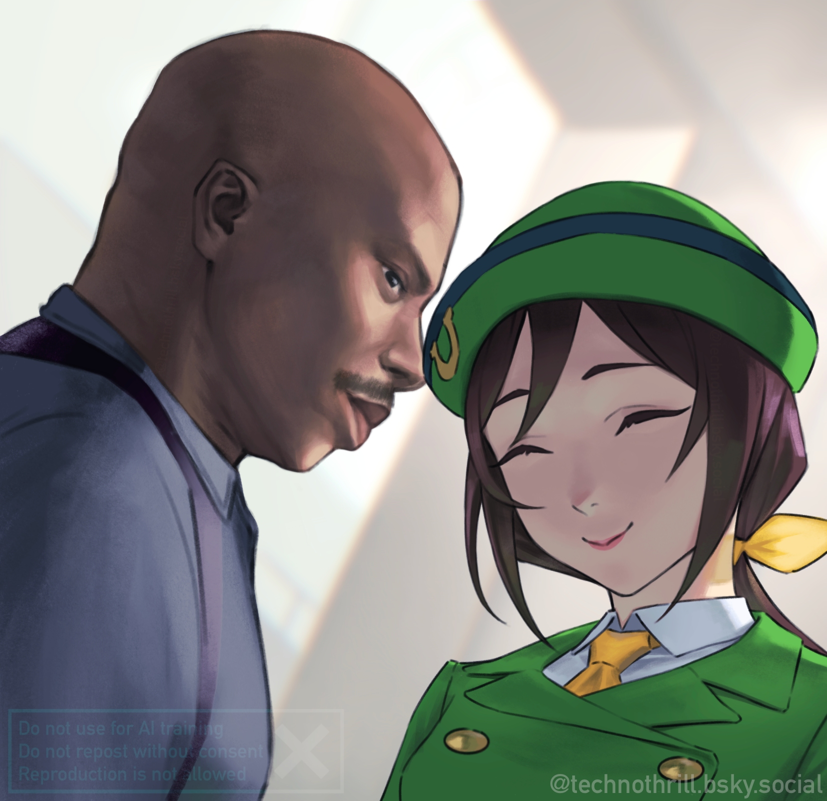 techno thrill, hayakawa tazuna, dexter (tv series), umamusume, commentary, highres, 1boy, 1girl, ^ ^, bald, black hair, bluesky username, bowler hat, but you can't prove it (meme), closed eyes, closed mouth, dark-skinned male, dark skin, green hat, green jacket, hat, jacket, james doakes, long hair, meme, necktie, shirt, smile, white shirt, yellow necktie