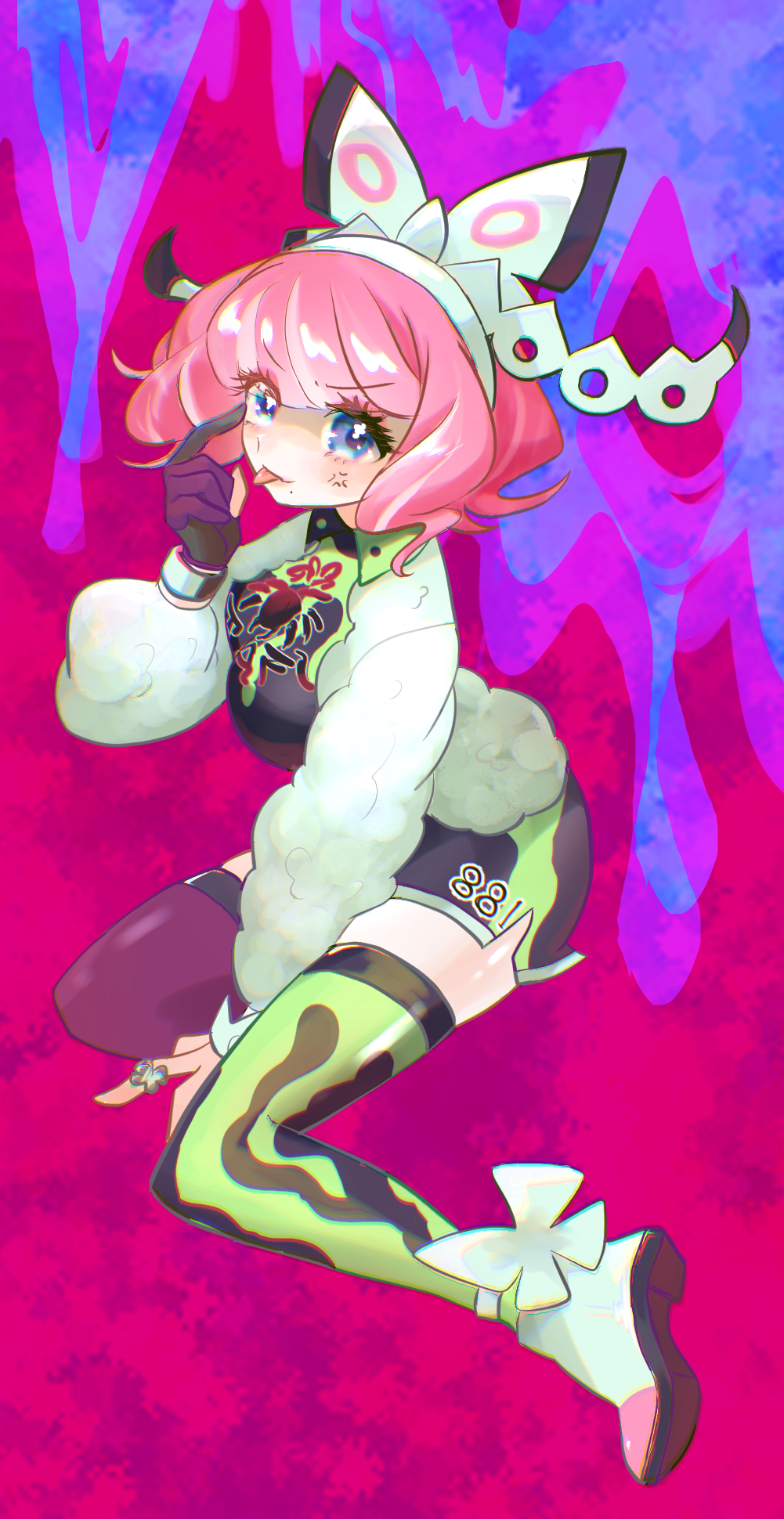 klara (pokemon), nintendo, pokemon, pokemon swsh, highres, 1girl, anger vein, apricot3525, bow, bracelet, breasts, collared shirt, drill hair, eyeshadow, finger to face, flipped hair, fur jacket, gloves, hair bow, hairband, hand up, index finger raised, jacket, jewelry, large breasts, makeup, medium breasts, mole, mole under mouth, partially fingerless gloves, pink eyeshadow, pink hair, pink lips, print shirt, purple eyes, ring, shirt, short hair, shorts, side slit, side slit shorts, single glove, smile, solo, tongue, tongue out, twin drills, two-tone shirt, two-tone shorts, two-tone thighhighs, v-shaped eyebrows, white bow, white hairband