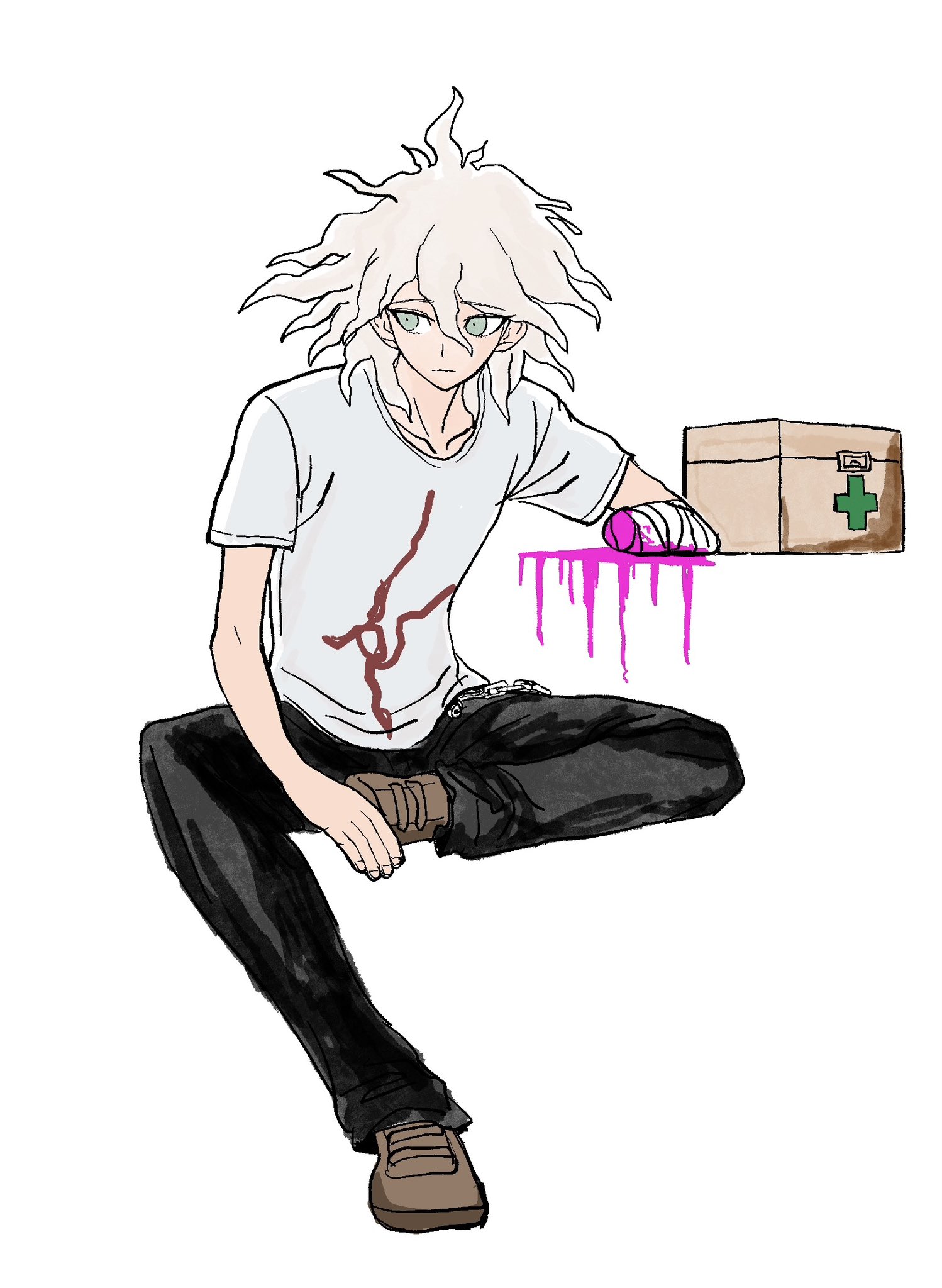 lian (nerineridaco), komaeda nagito, danganronpa (series), danganronpa 2: goodbye despair, highres, 1boy, bandaged arm, bandages, black pants, blood, box, closed mouth, collarbone, full body, grey hair, grey shirt, hair between eyes, holding, male focus, medium hair, messy hair, no jacket, pants, pink blood, print shirt, shirt, shoes, short sleeves, simple background, sitting, solo, white background, white hair, white shirt