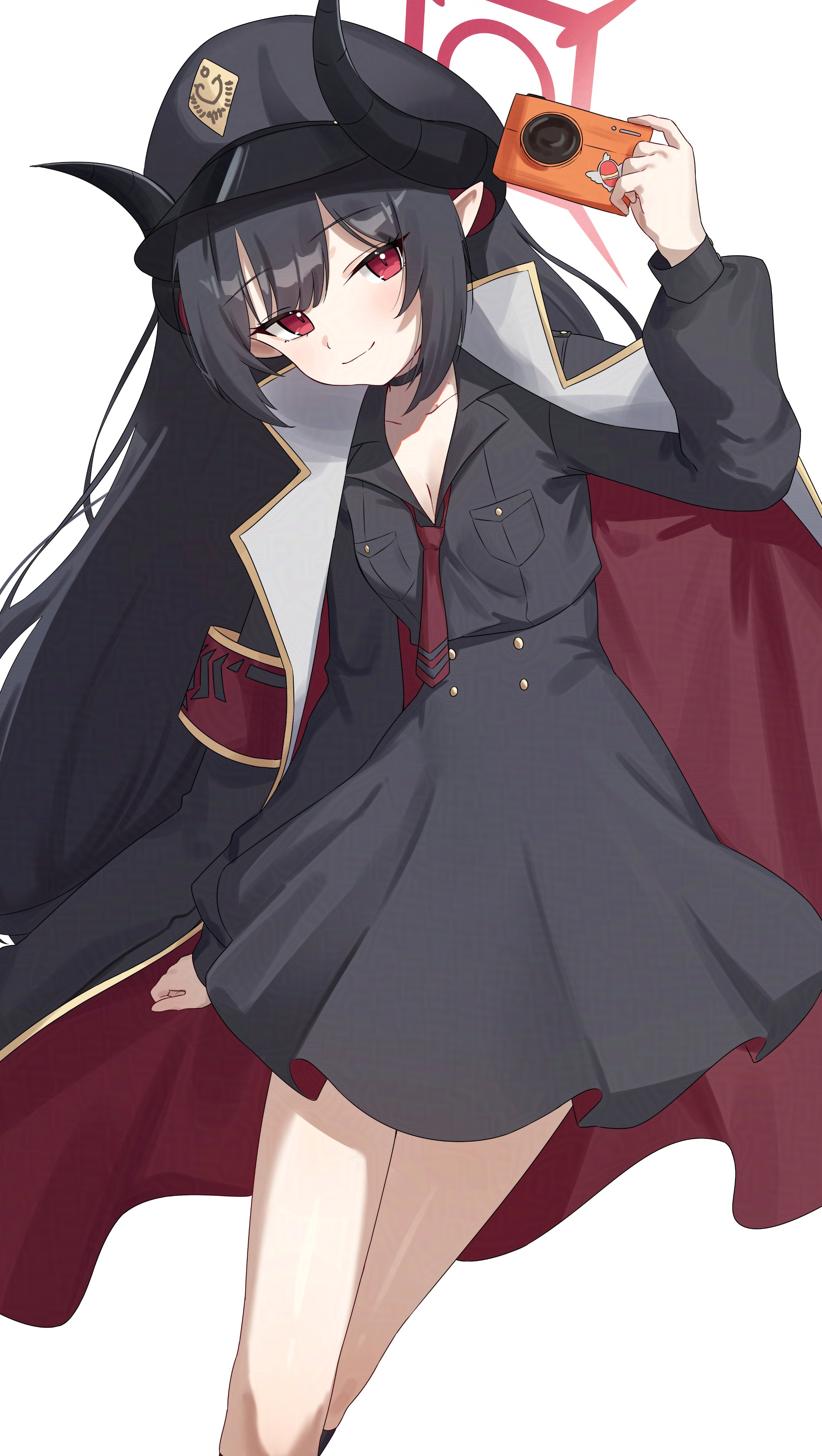 d (delt4), chiaki (blue archive), blue archive, absurdres, highres, 1girl, armband, black coat, black hair, black shirt, black skirt, camera, coat, demon girl, demon horns, hair between eyes, halo, holding, holding camera, horns, looking at viewer, necktie, red armband, red eyes, red halo, red necktie, shirt, simple background, skirt, solo, thighs, white background