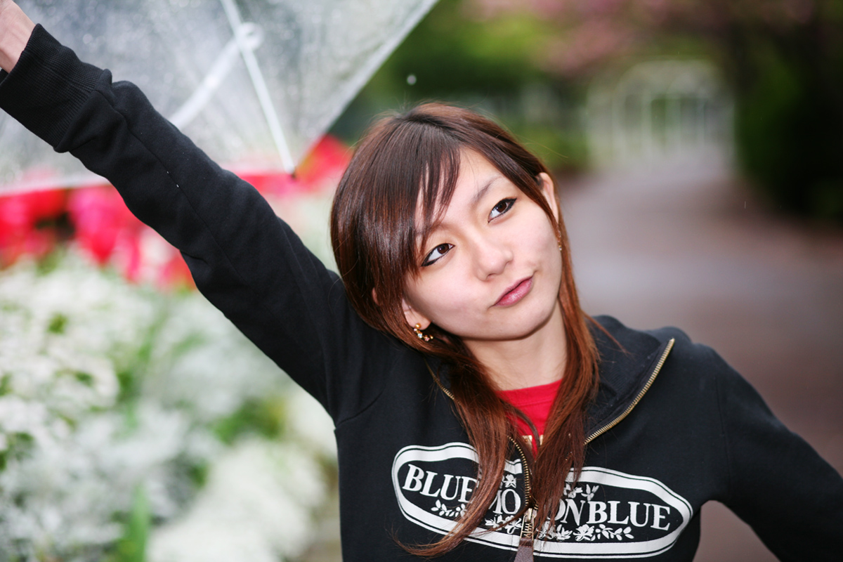 model request, photo (medium), tagme, brown eyes, brown hair, eyeliner, flower, transparent umbrella, umbrella