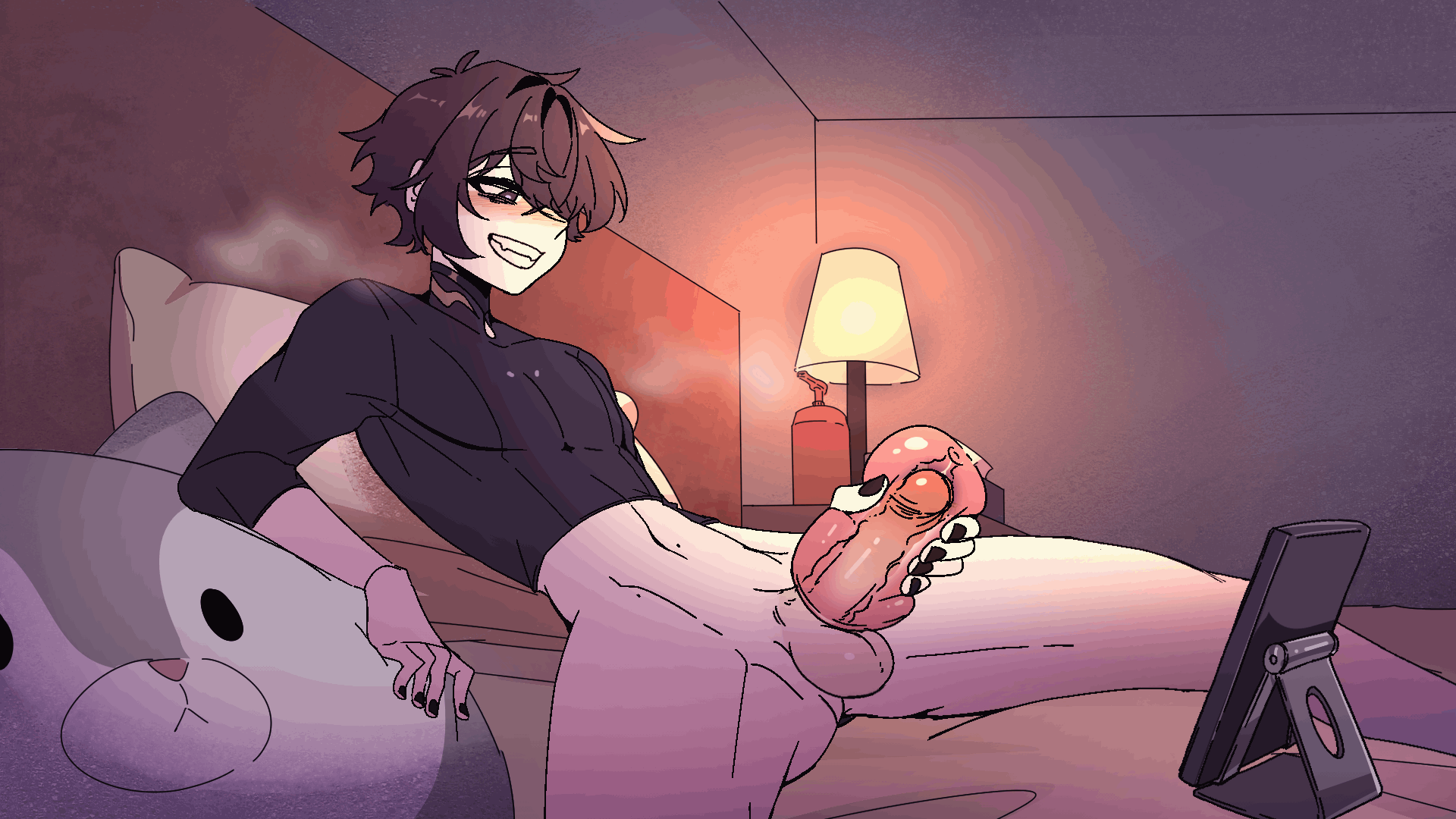 shoto (vtuber), animated, 1boy, artificial vagina, bedroom, black hair, black nails, blush, bottomless, cellphone, erection, lying, male masturbation, masturbation, moaning, nail polish, navel, on bed, open mouth, penis, phone, sex toy, solo, spread legs, testicles, uncensored, virtual youtuber