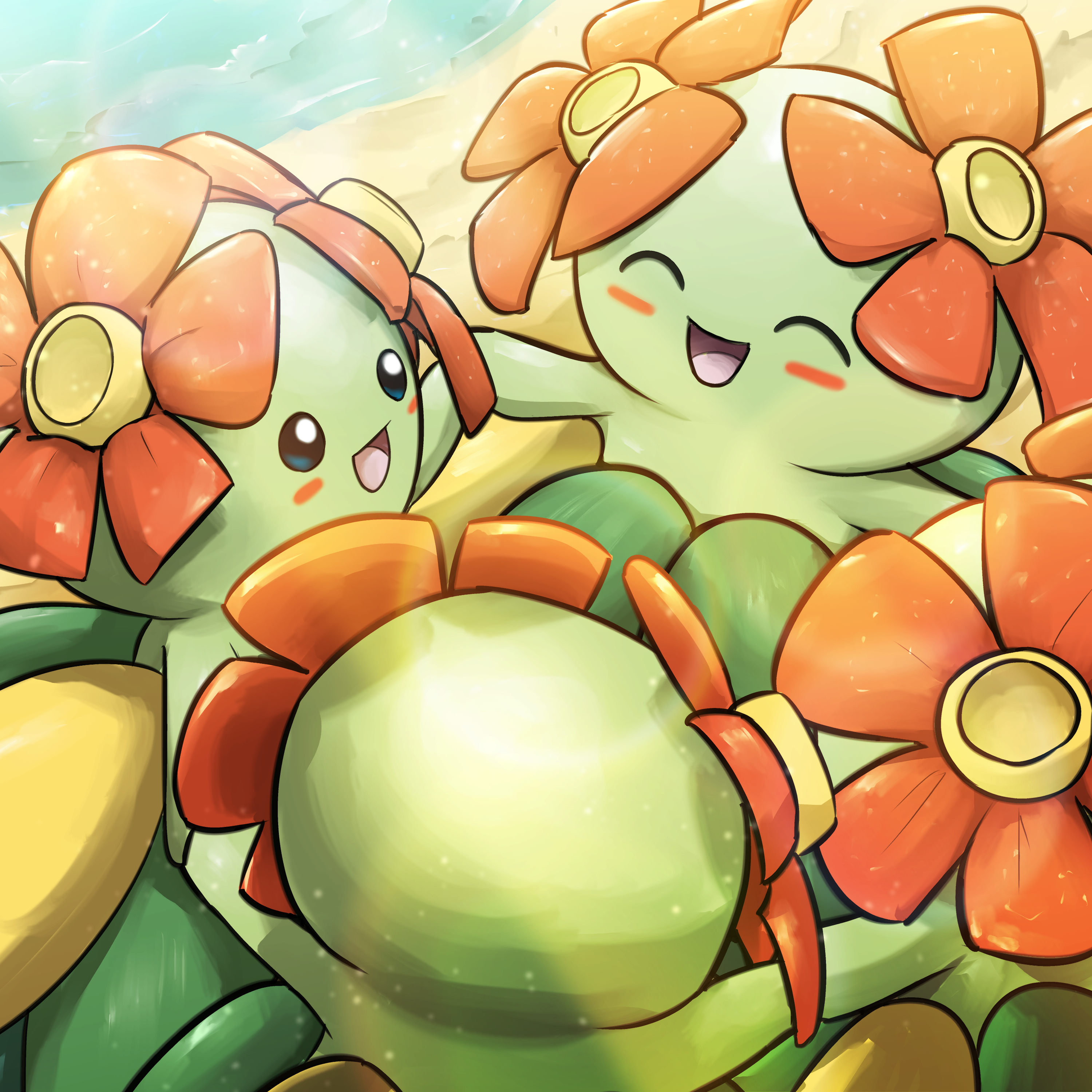 spicyichizo, bellossom, nintendo, pokemon, absurdres, commentary request, highres, :d, blush, blush stickers, circle formation, closed eyes, closed mouth, flower, gen 2 pokemon, holding hands, light particles, open mouth, orange flower, pokemon (creature), pokemon focus, smile, water