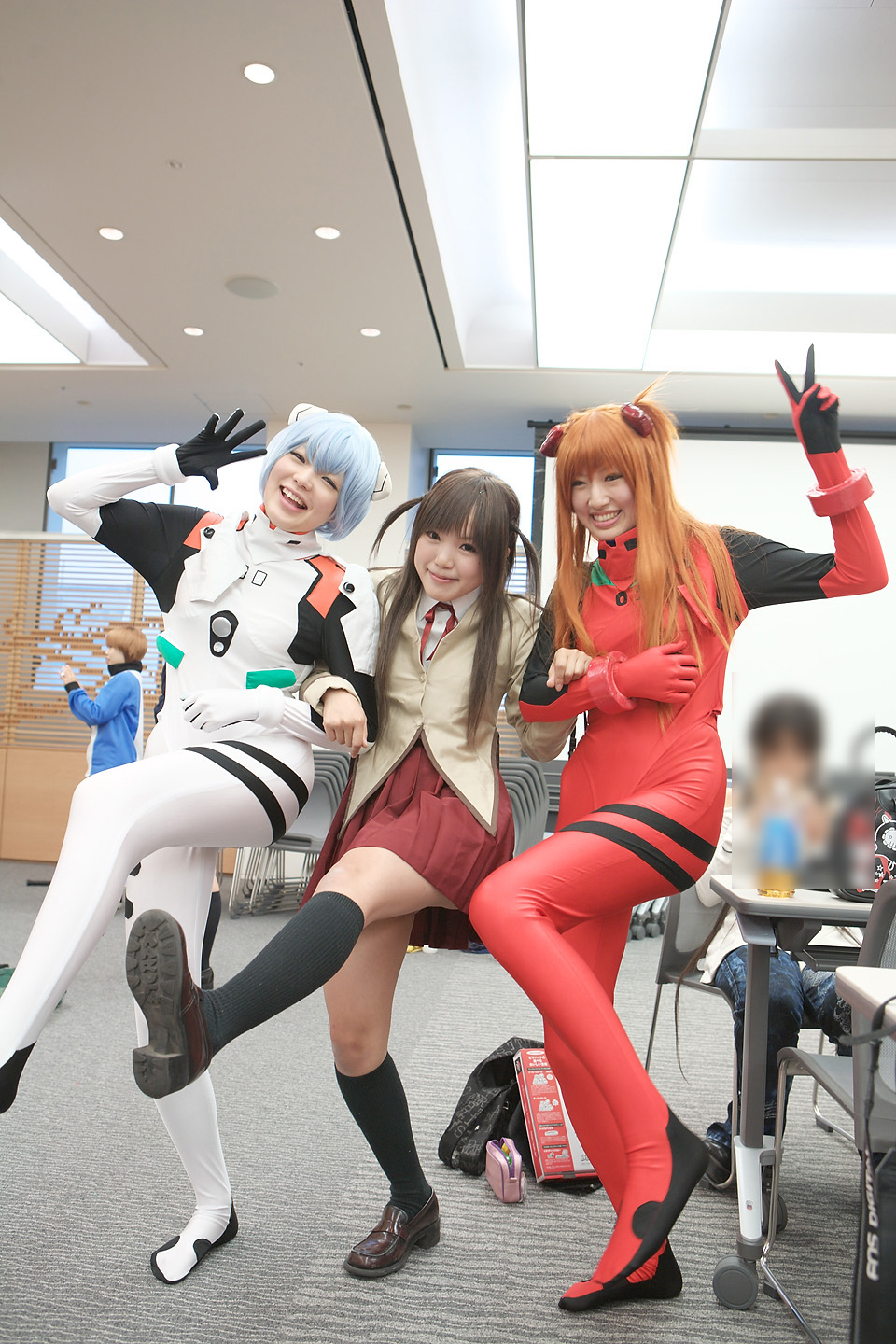 kipi-san, namada, saya (cosplayer), ayanami rei, souryuu asuka langley, tsukamoto tenma, neon genesis evangelion, school rumble, highres, photo (medium), 4girls, ahoge, asian, ayanami rei (cosplay), blue hair, brown hair, cosplay, kneehighs, long hair, looking at viewer, mecha pilot suit, multiple girls, orange hair, plugsuit (cosplay), plugsuit (evangelion), school uniform, short hair, smile, socks, souryuu asuka langley (cosplay), tsukamoto tenma (cosplay), twin ahoge, two side up