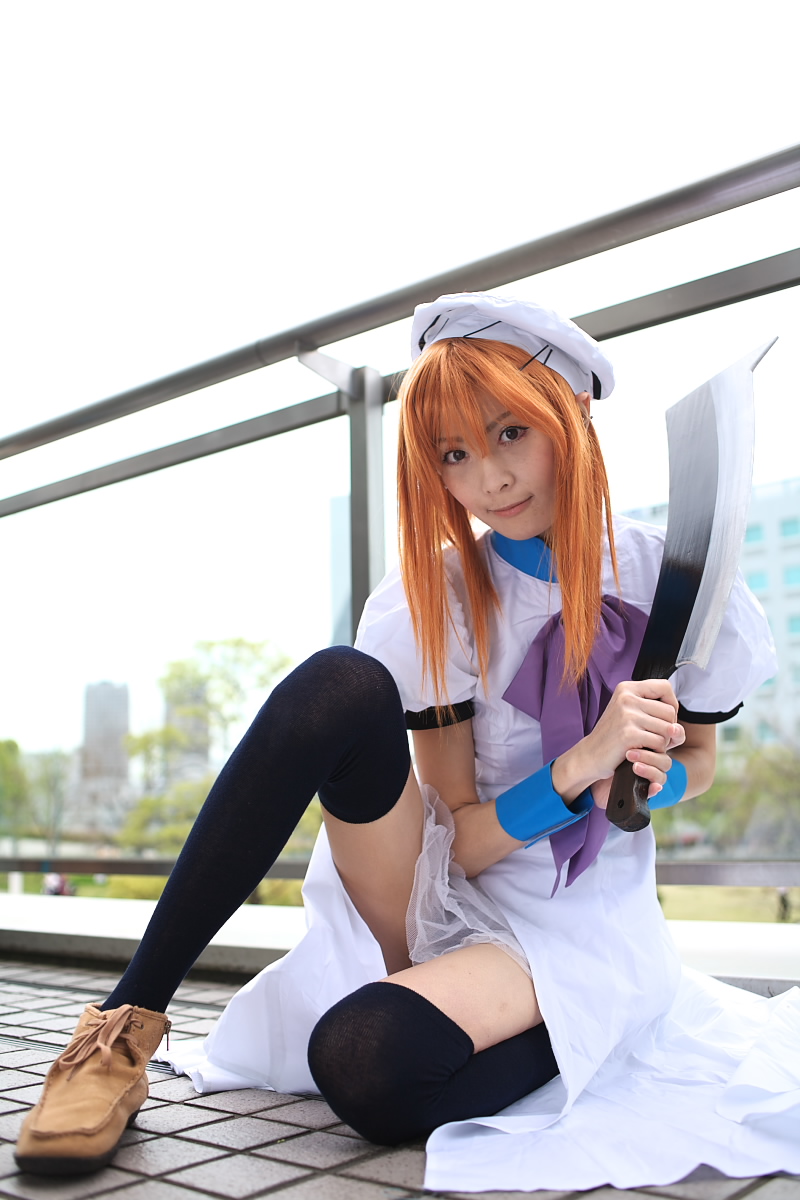 ryuuguu rena, higurashi no naku koro ni, highres, photo (medium), billhook, cosplay, hat, sailor hat, thighhighs