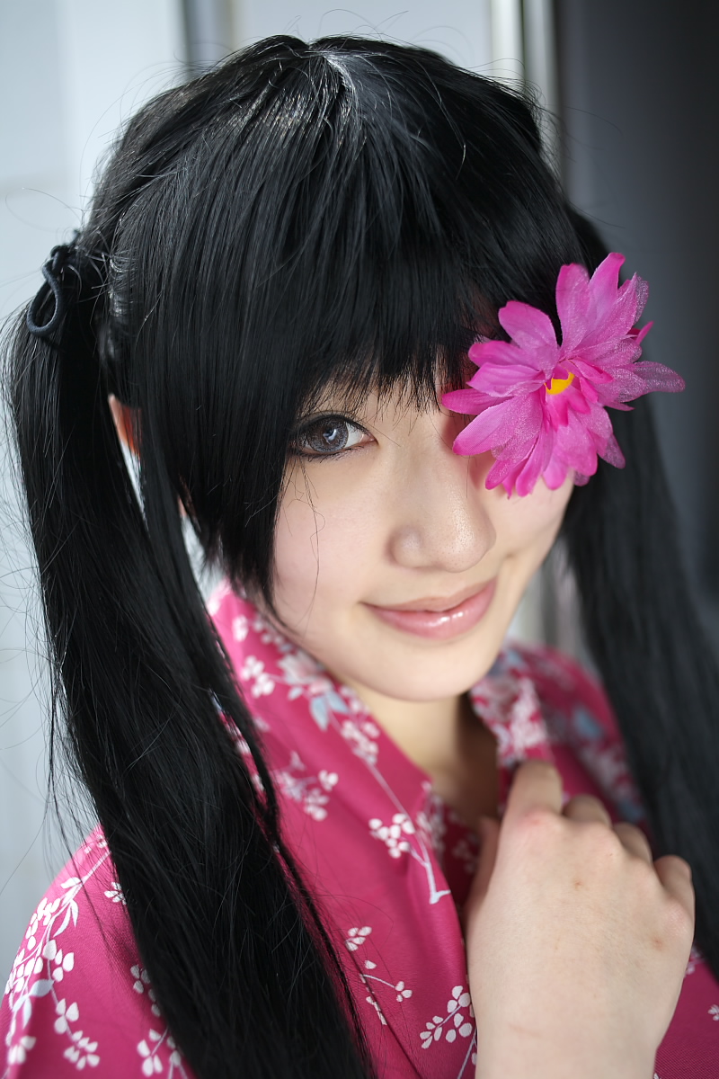 saya (cosplayer), yagyuu kyuubei, gintama, cosplay photo, highres, photo (medium), black hair, cosplay, eyepatch, flower, flower eyepatch, japanese clothes, solo, twintails