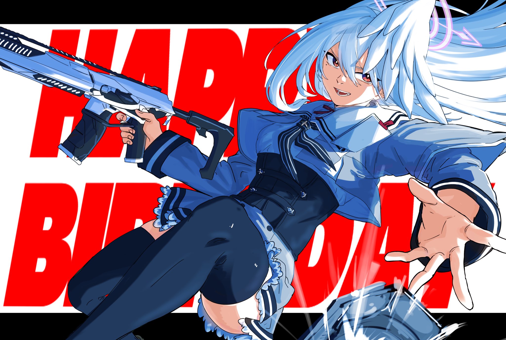mattun 8230, suzumi (blue archive), blue archive, commentary request, highres, 1girl, black corset, breasts, corset, cropped jacket, dutch angle, feet out of frame, flashback, floating, gun, hair between eyes, halo, happy birthday, head wings, letterboxed, long hair, long sleeves, miniskirt, mole, mole under eye, neckerchief, outside border, red eyes, rifle, school uniform, sig mcx, single head wing, skirt, solo, thighhighs, throwing, weapon, white hair, wings, zettai ryouiki